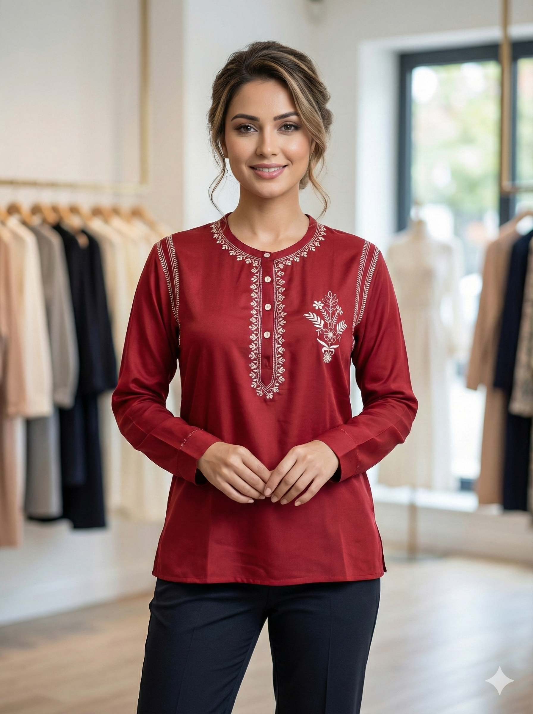 Pure Silk Georgette Shirt with Chikan Embroidery - Burgundy - SHILVIKA