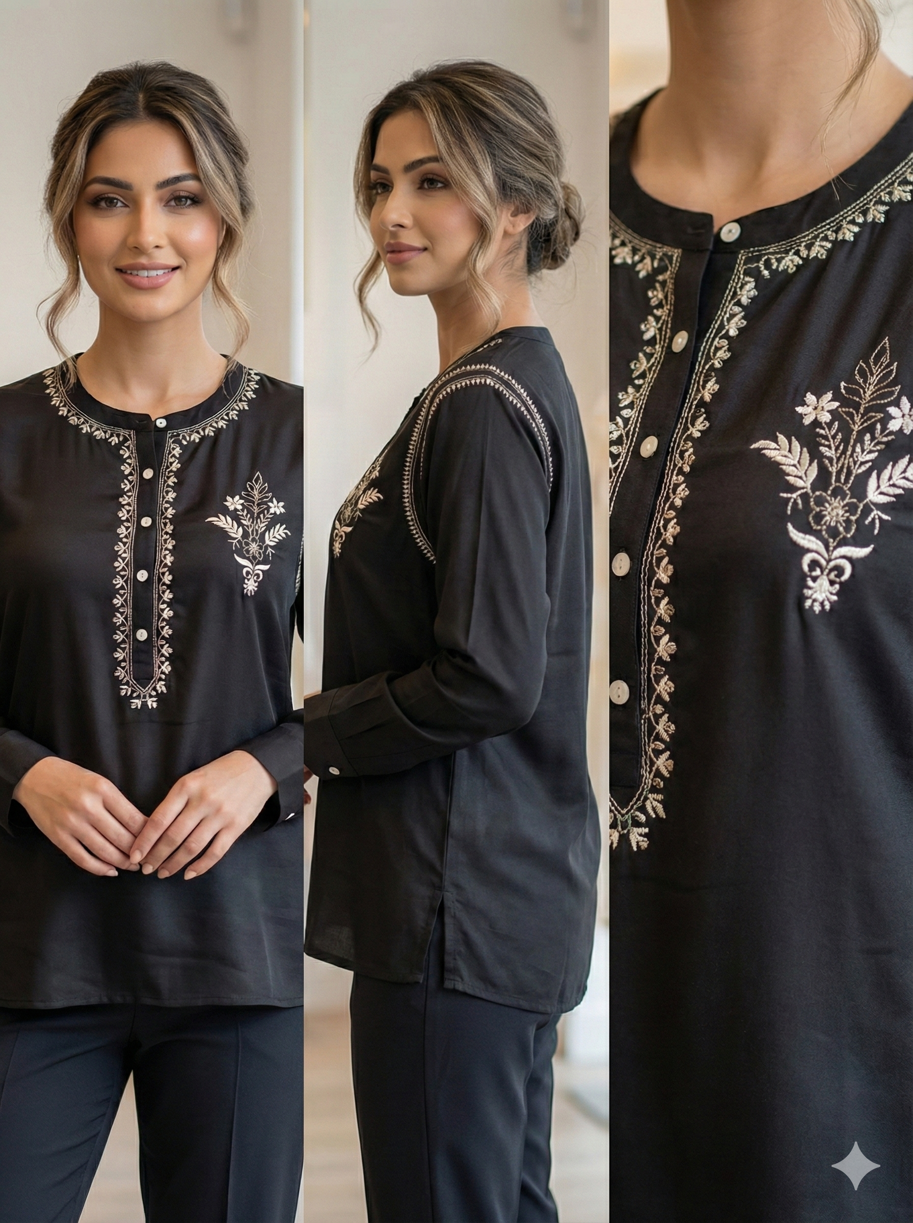 Pure Silk Georgette Shirt with Chikan Embroidery - Black - SHILVIKA