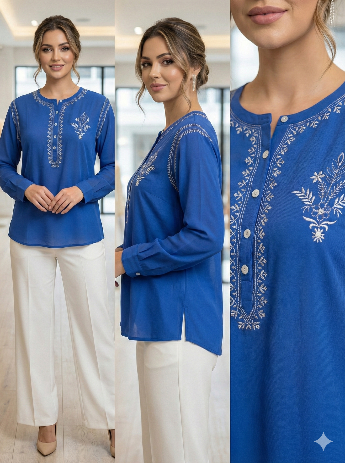 Pure Silk Georgette Shirt with Chikan Embroidery - Blue - SHILVIKA