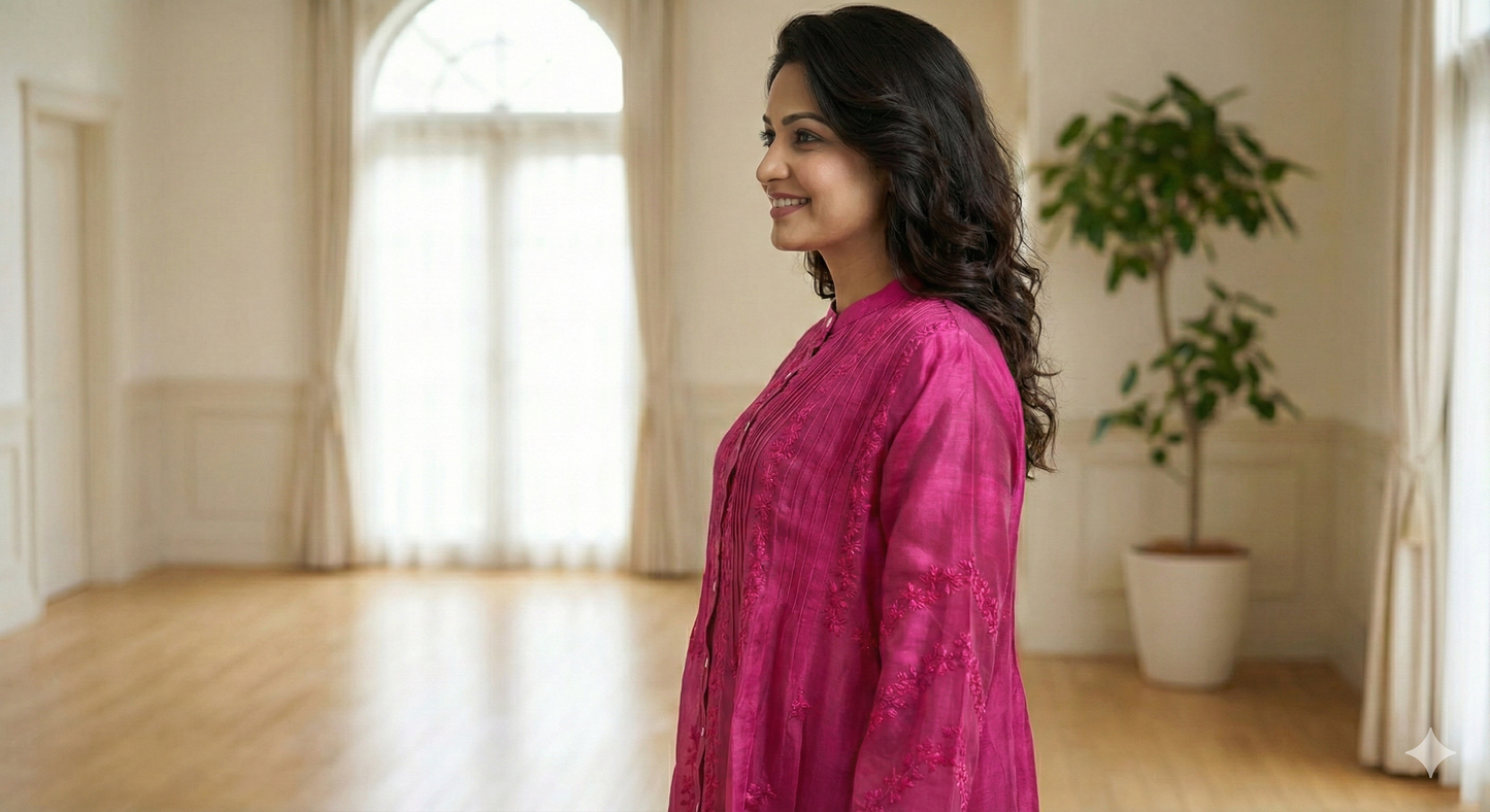 Chanderi Silk Top with Chikan Embroidery - Magenta - SHILVIKA