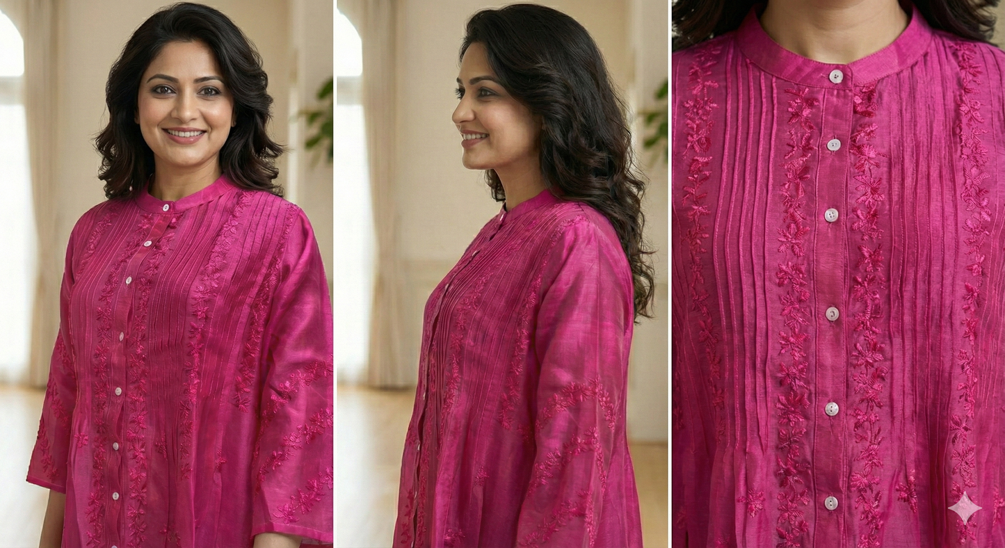 Chanderi Silk Top with Chikan Embroidery - Magenta - SHILVIKA