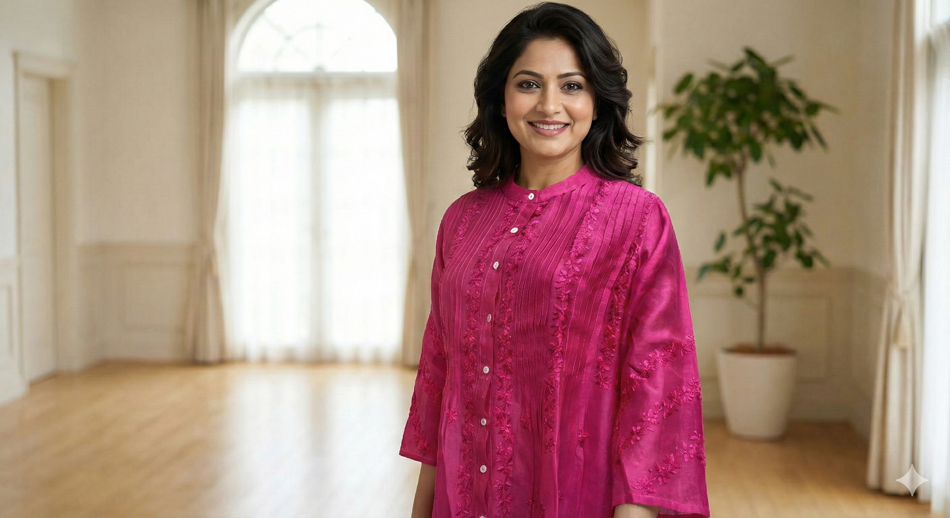 Chanderi Silk Top with Chikan Embroidery - Magenta - SHILVIKA