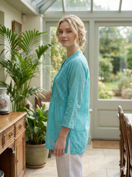Chanderi Silk Top with Chikan Embroidery - Turquoise - SHILVIKA