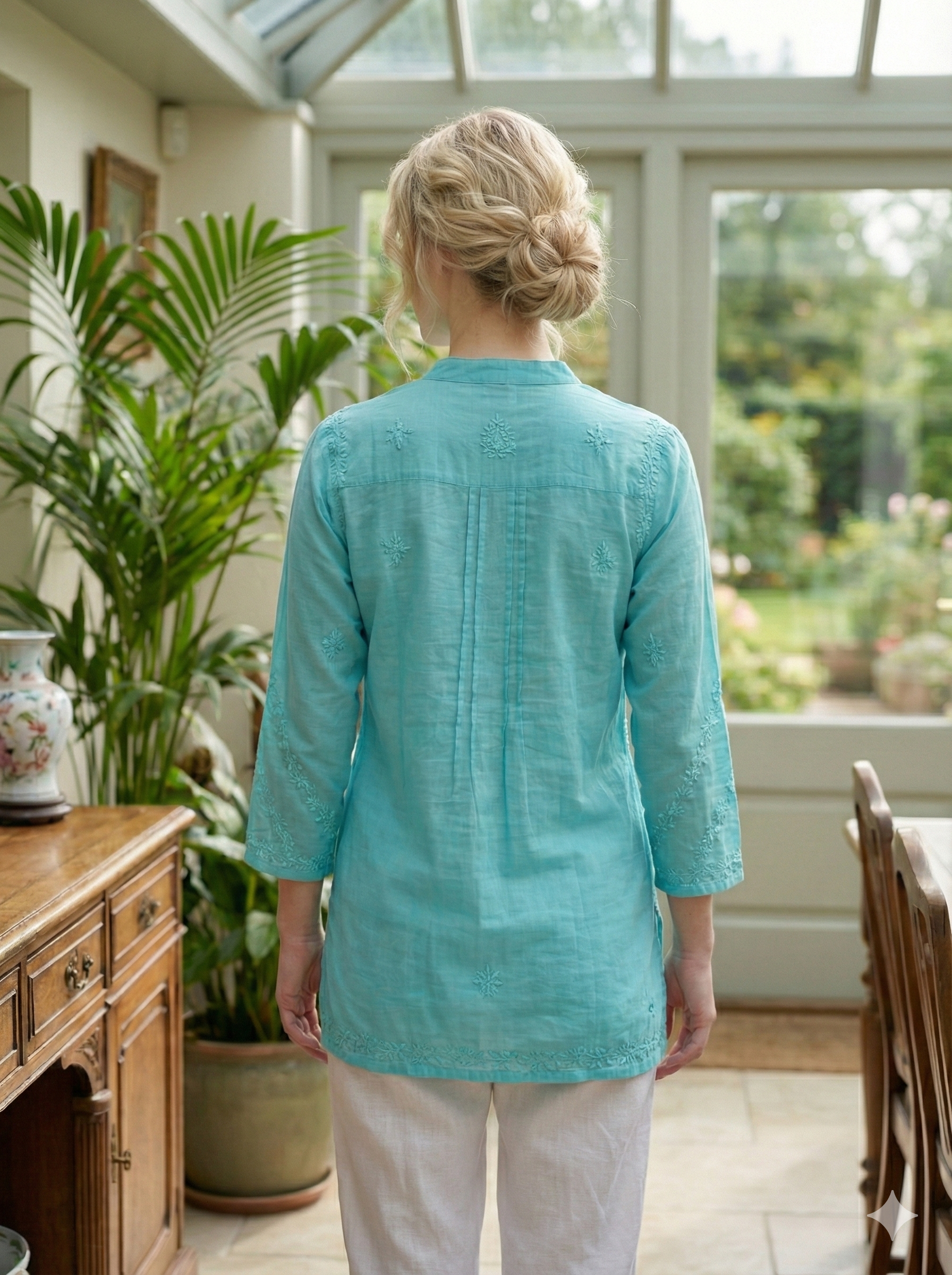 Chanderi Silk Top with Chikan Embroidery - Turquoise - SHILVIKA
