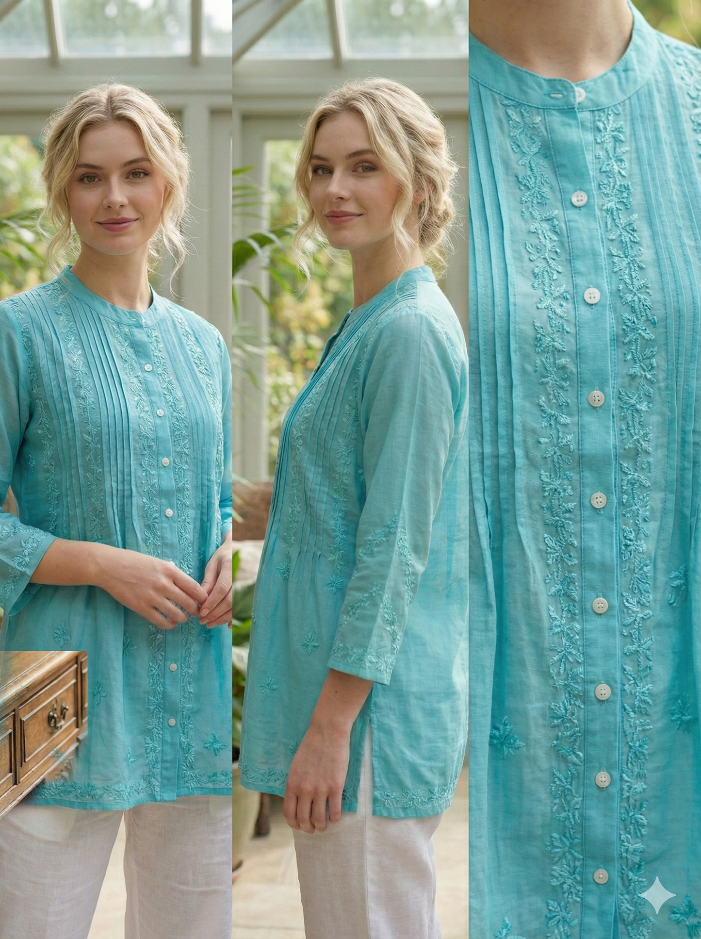 Chanderi Silk Top with Chikan Embroidery - Turquoise - SHILVIKA