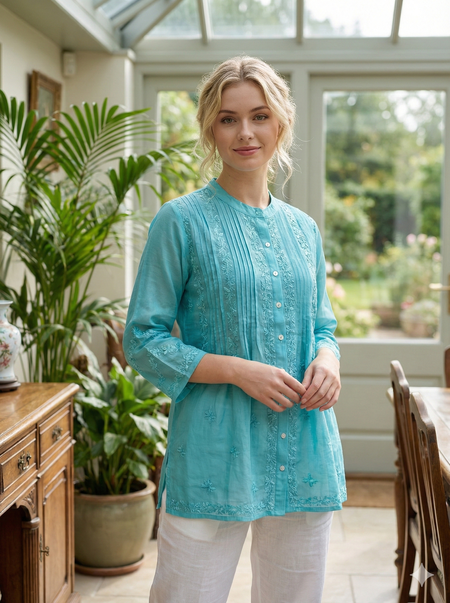 Chanderi Silk Top with Chikan Embroidery - Turquoise - SHILVIKA