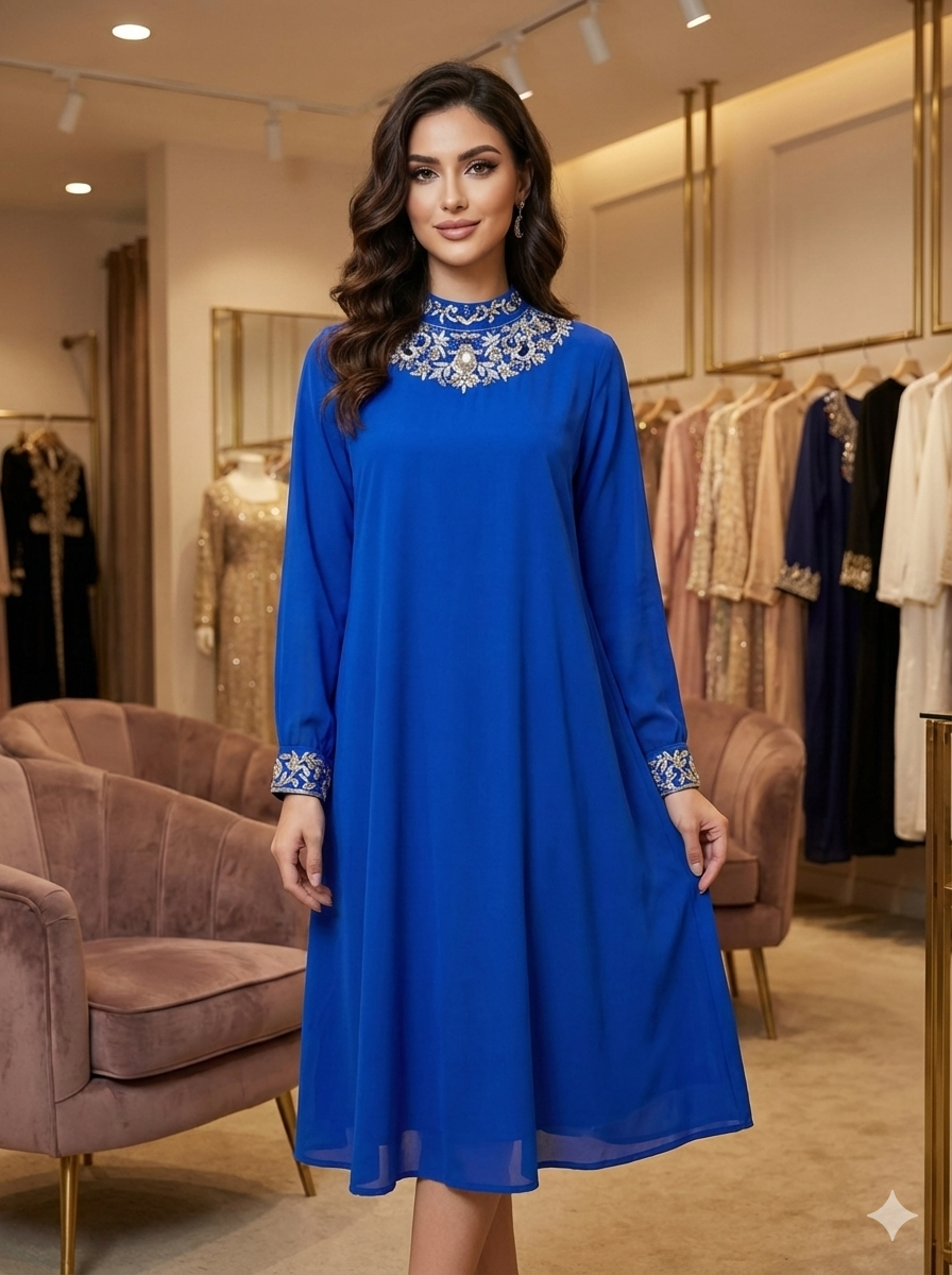Pure Silk Double Georgette Tunic Dress - Royal Blue - SHILVIKA