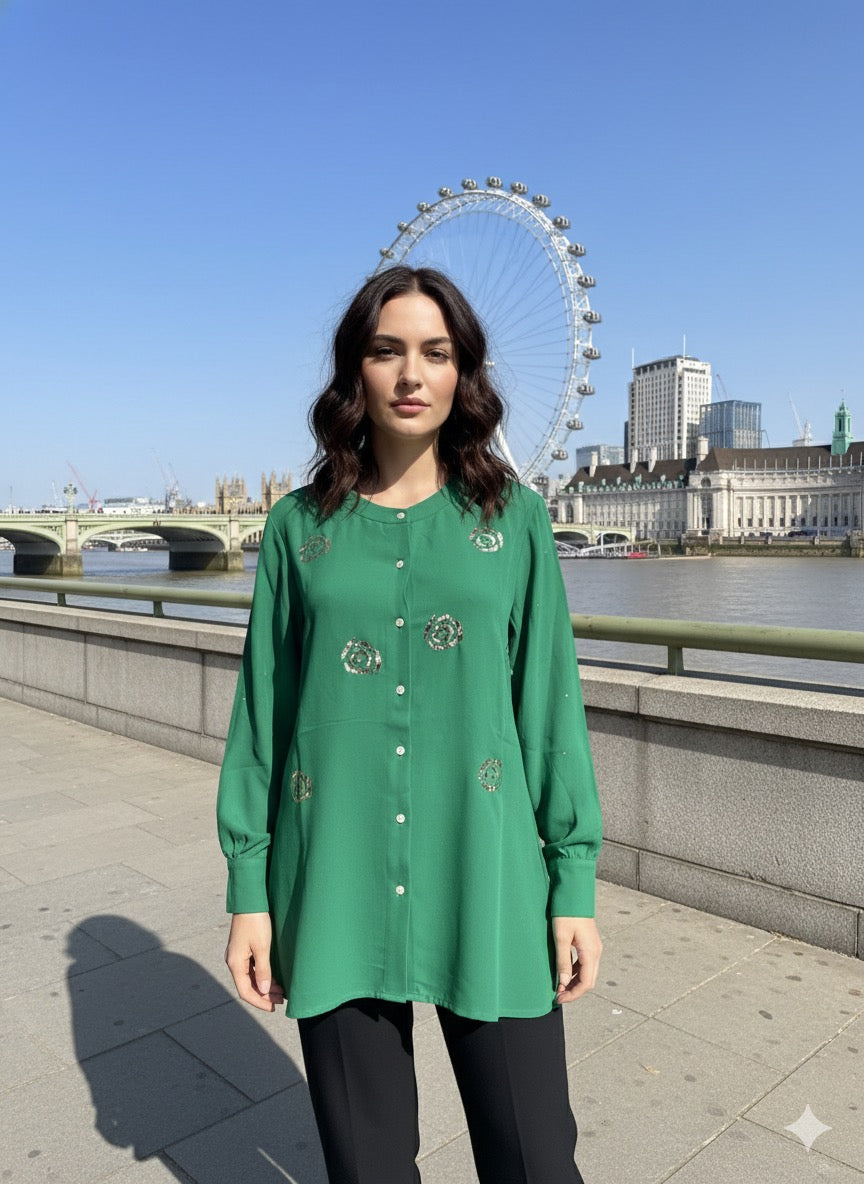 Pure Silk Georgette Shirt with Balda Work - Green - SHILVIKA