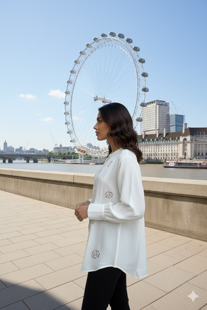 Pure Silk Georgette Shirt with Balda Work - Natural - SHILVIKA