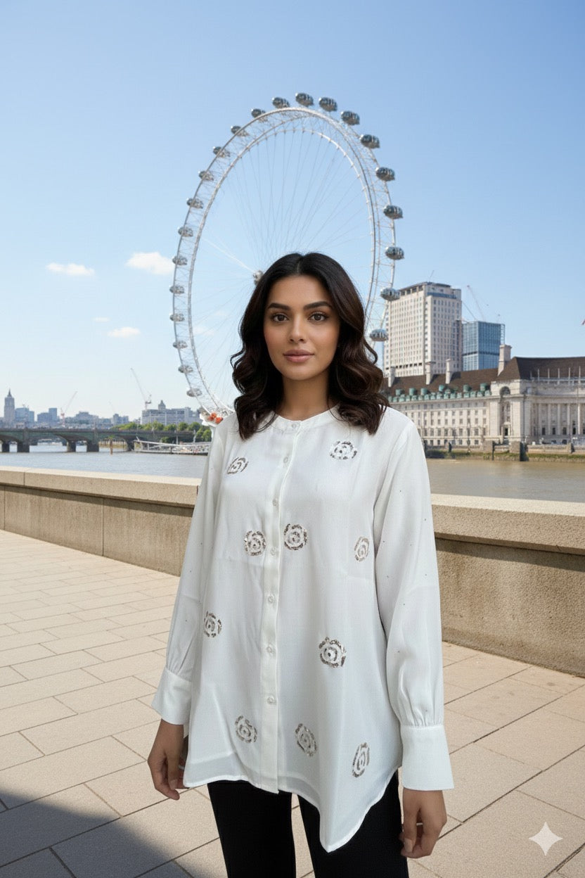 Pure Silk Georgette Shirt with Balda Work - Natural - SHILVIKA