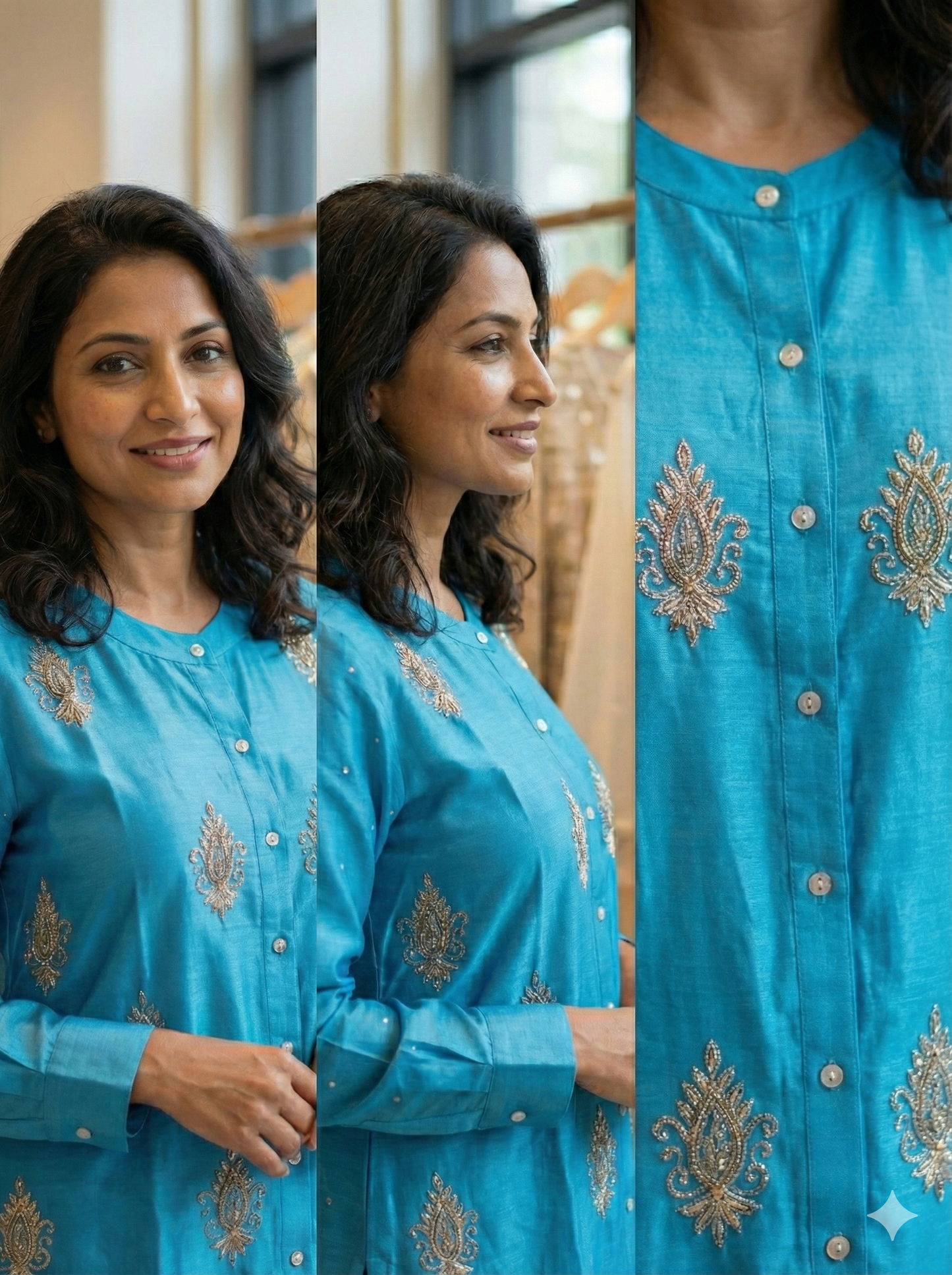 Pure Chanderi Silk Zardozi Shirt with Balda Work - Blue - SHILVIKA