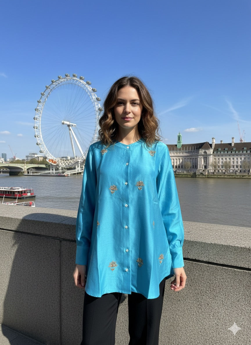 Pure Chanderi Silk Zardozi Shirt with Balda Work - Blue - SHILVIKA