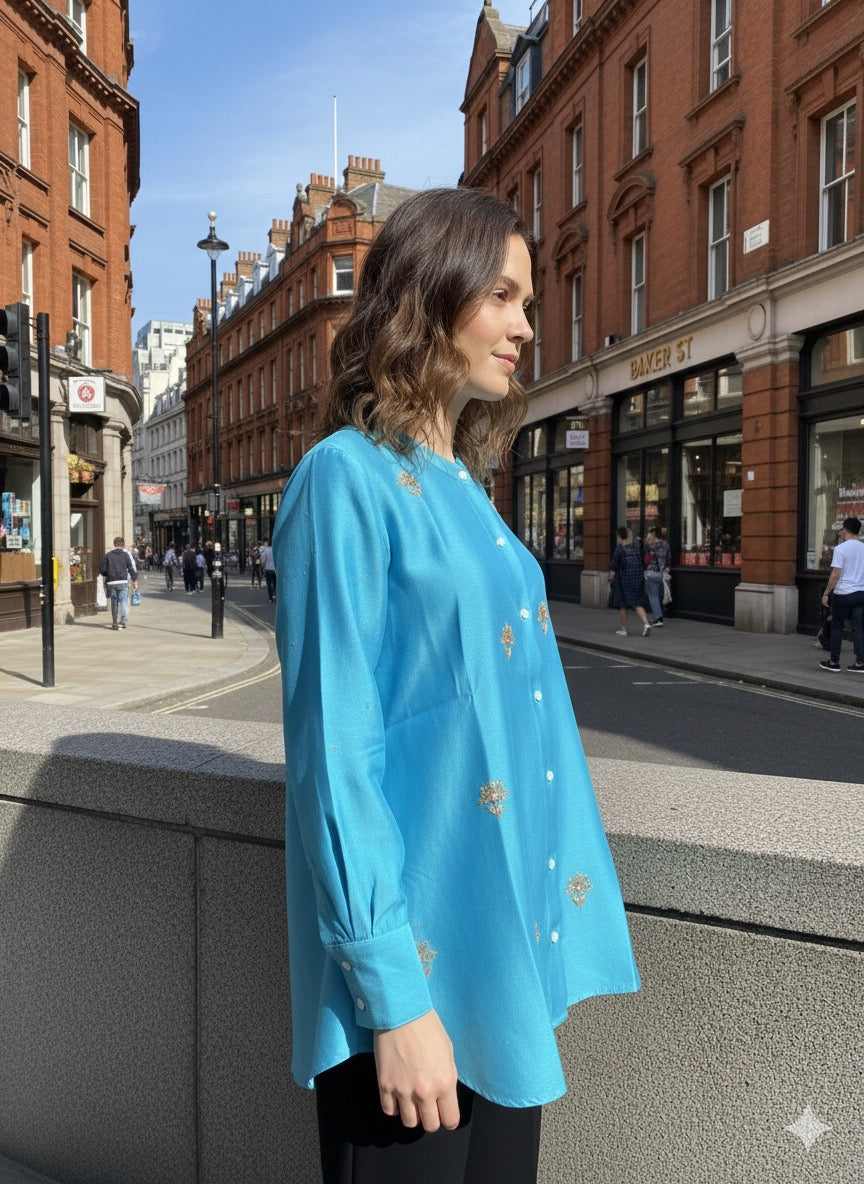 Pure Chanderi Silk Zardozi Shirt with Balda Work - Blue - SHILVIKA