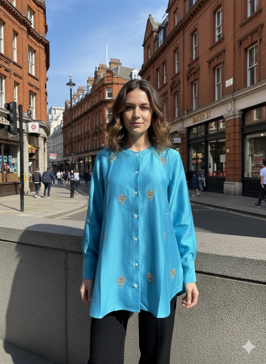 Pure Chanderi Silk Zardozi Shirt with Balda Work - Blue - SHILVIKA