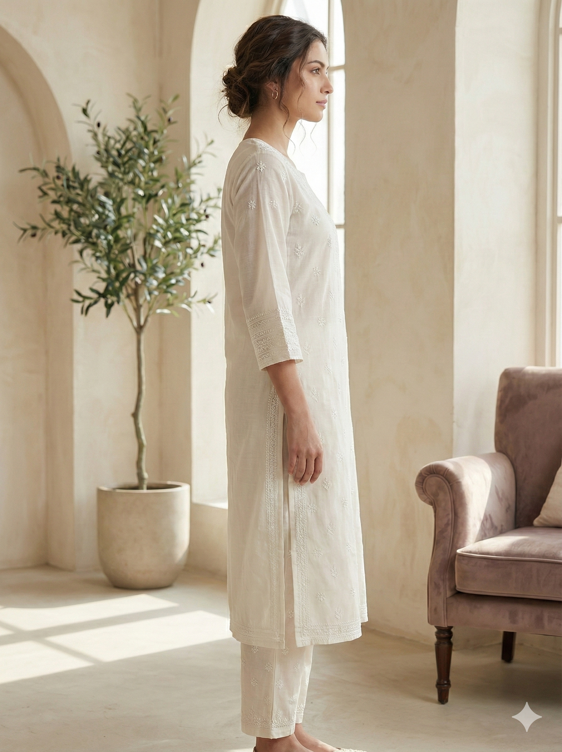 Chanderi Ivory Chikankari Embroidered Kurta with Matching Pant - SHILVIKA