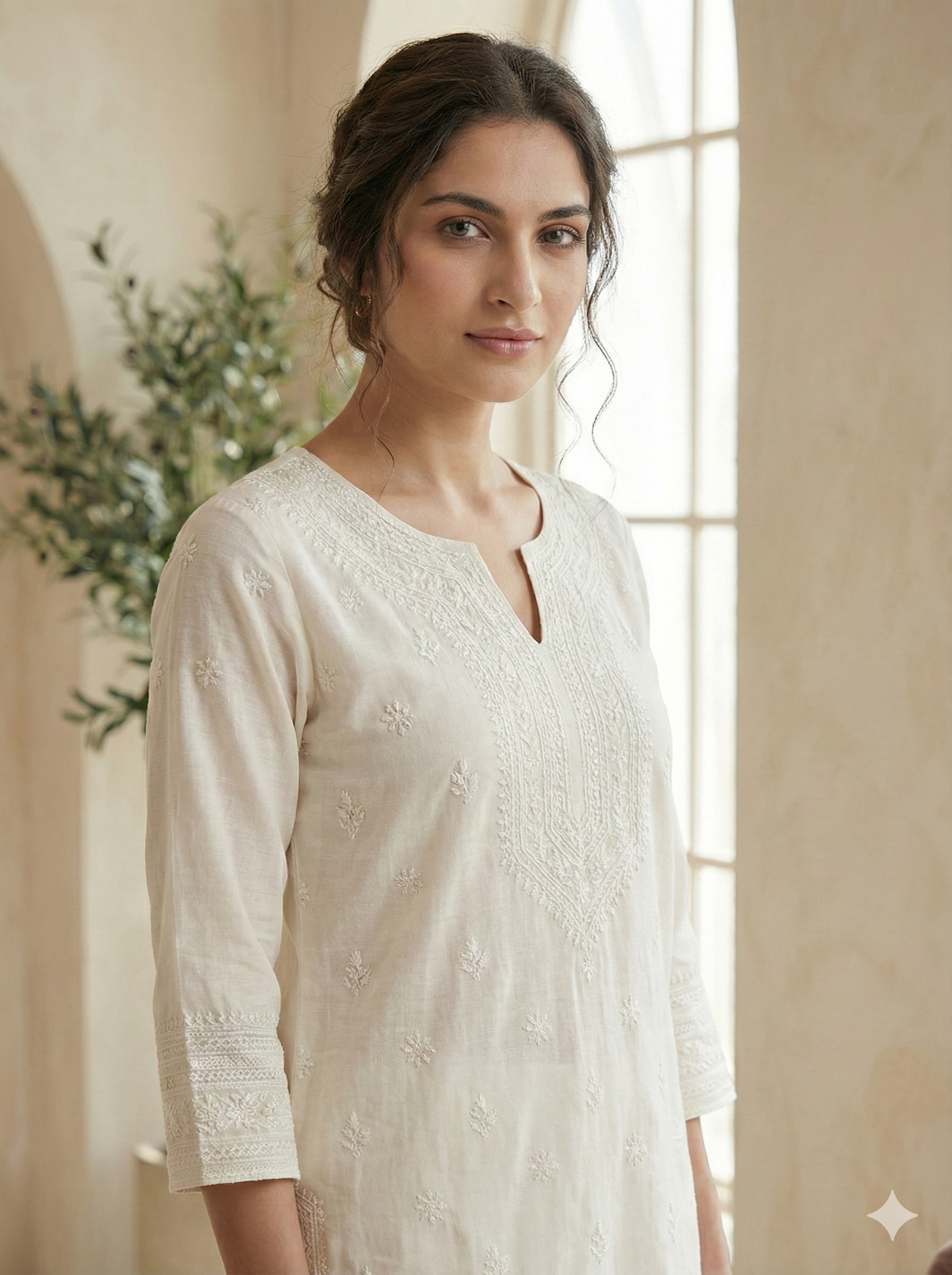 Chanderi Ivory Chikankari Embroidered Kurta with Matching Pant - SHILVIKA