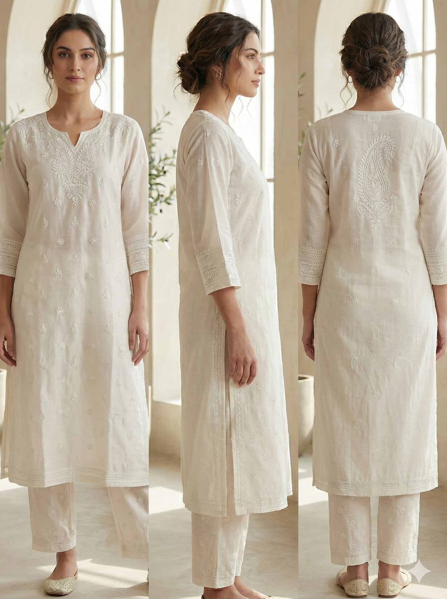 Chanderi Ivory Chikankari Embroidered Kurta with Matching Pant - SHILVIKA
