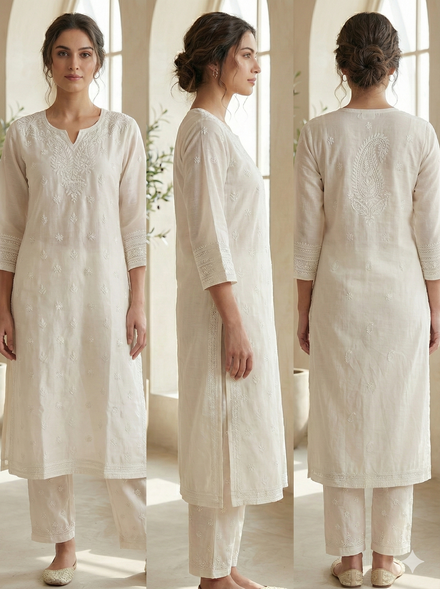 Chanderi Ivory Chikankari Embroidered Kurta with Matching Pant - SHILVIKA
