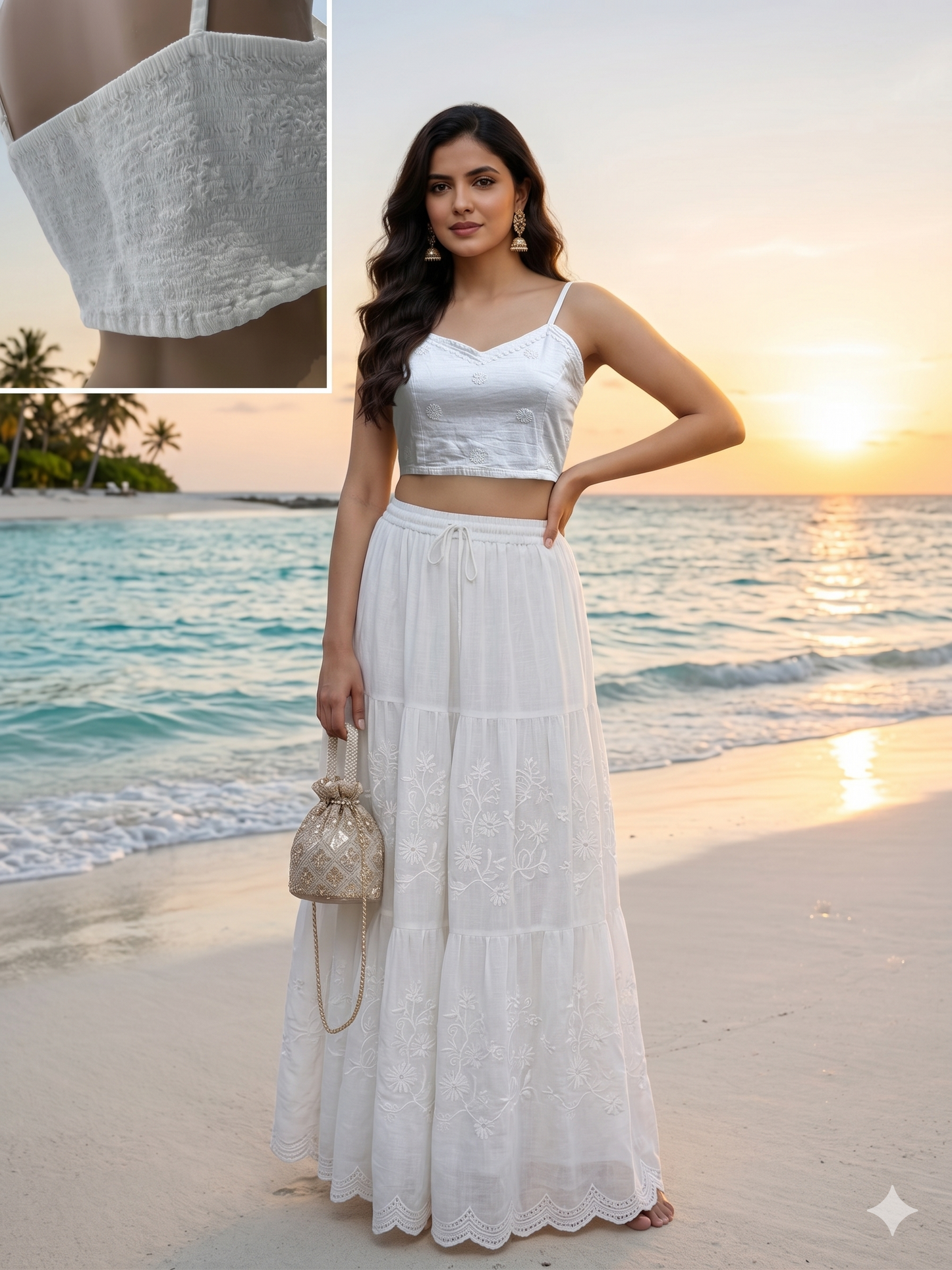 Crop Top with Chikankari - White & Blue - SHILVIKA
