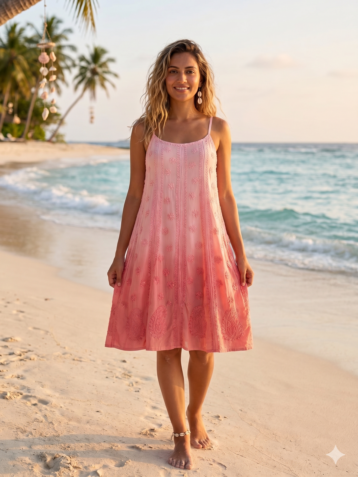 Shaded peach spaghetti chikankari embroidered dress from SHILVIKA featuring intricate floral embroidery and lightweight fabric.