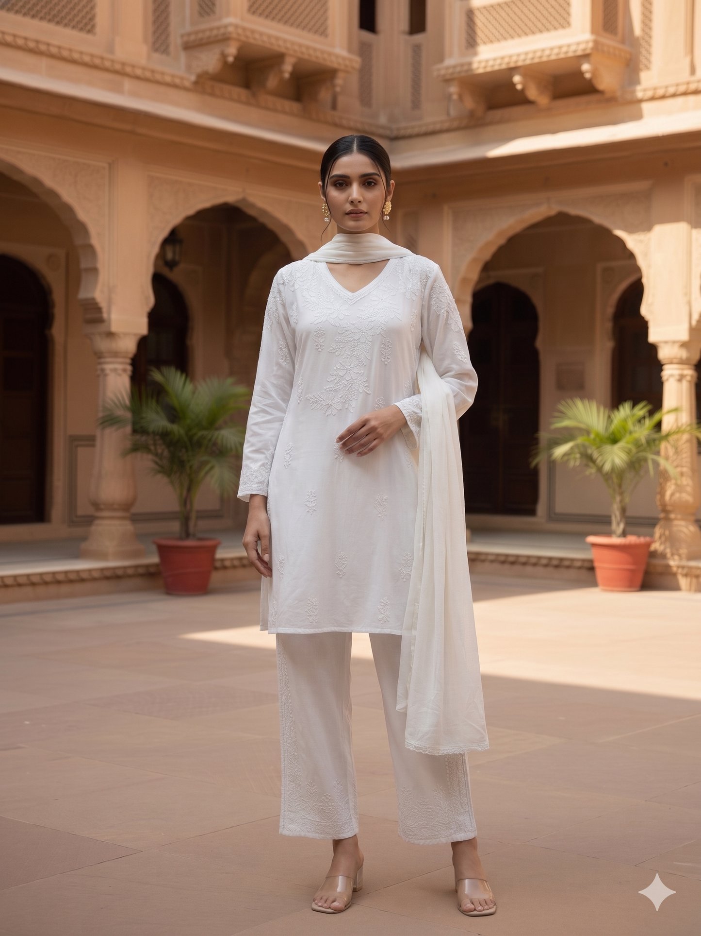 Elegant White Chikankari Hand Embroidered Co-ord Set - SHILVIKA