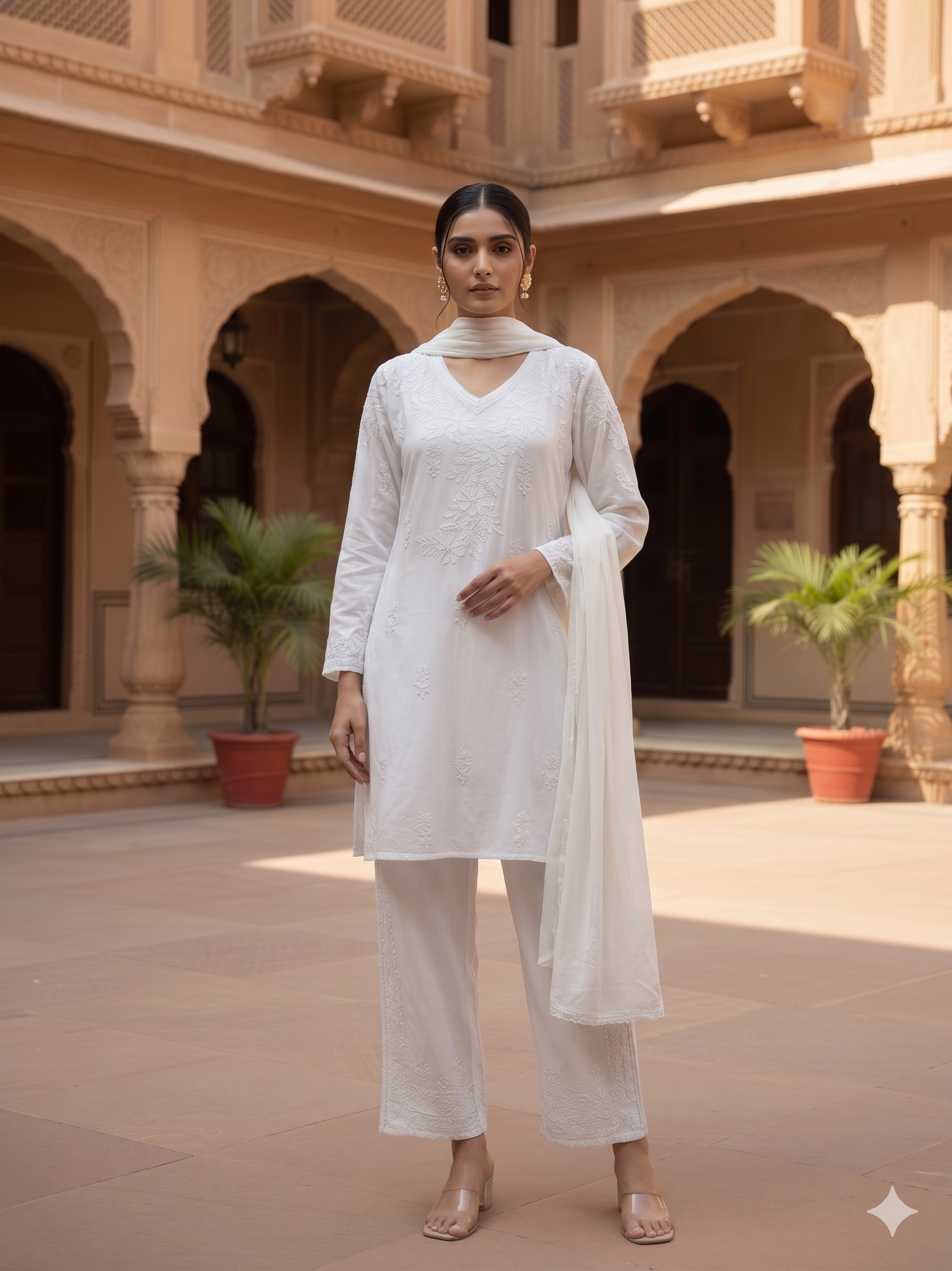 Elegant White Chikankari Hand Embroidered Co-ord Set - SHILVIKA