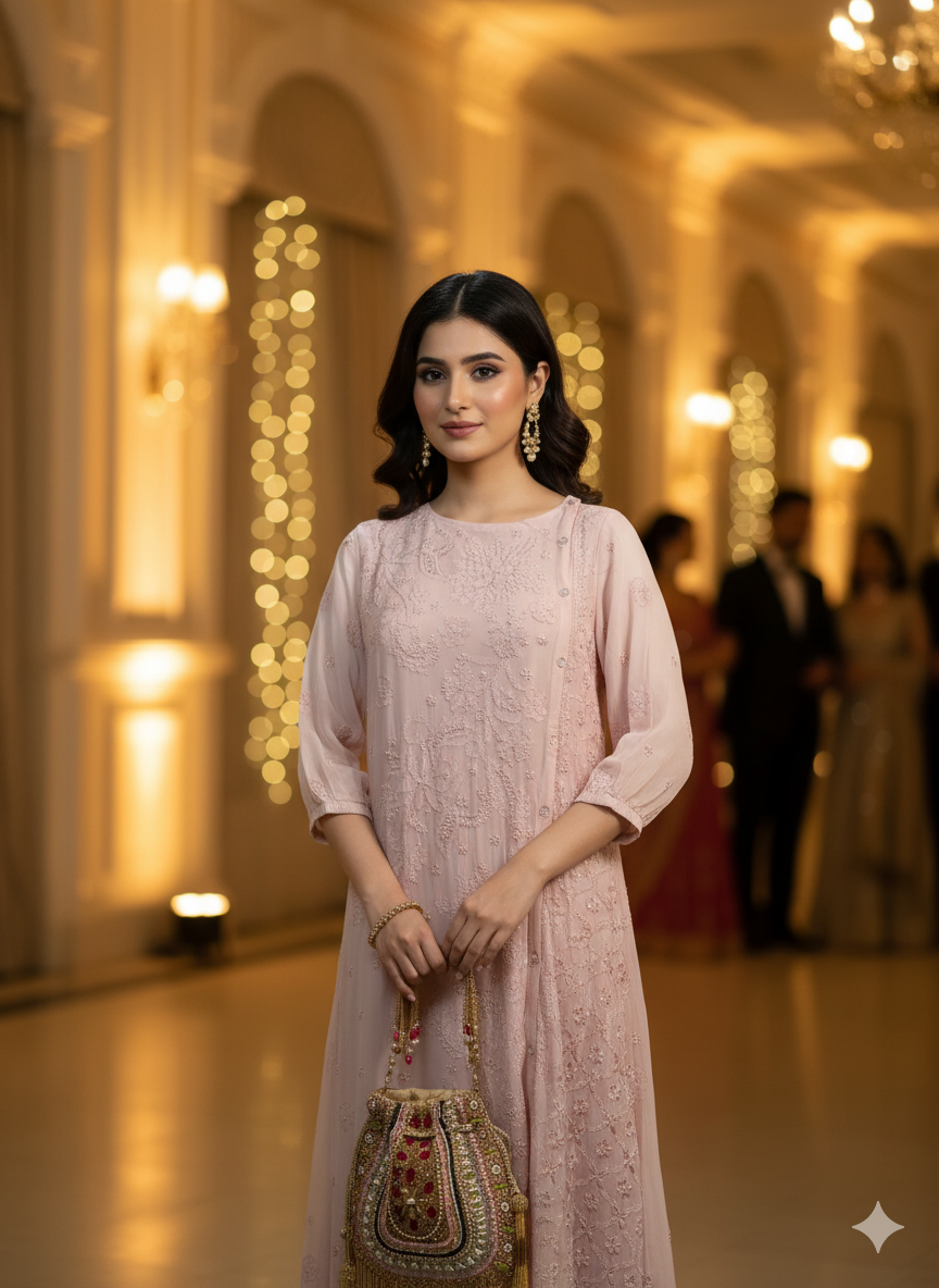 Elegant Chikankari Embroidered Georgette Side Button Dress - Onion Pink - SHILVIKA