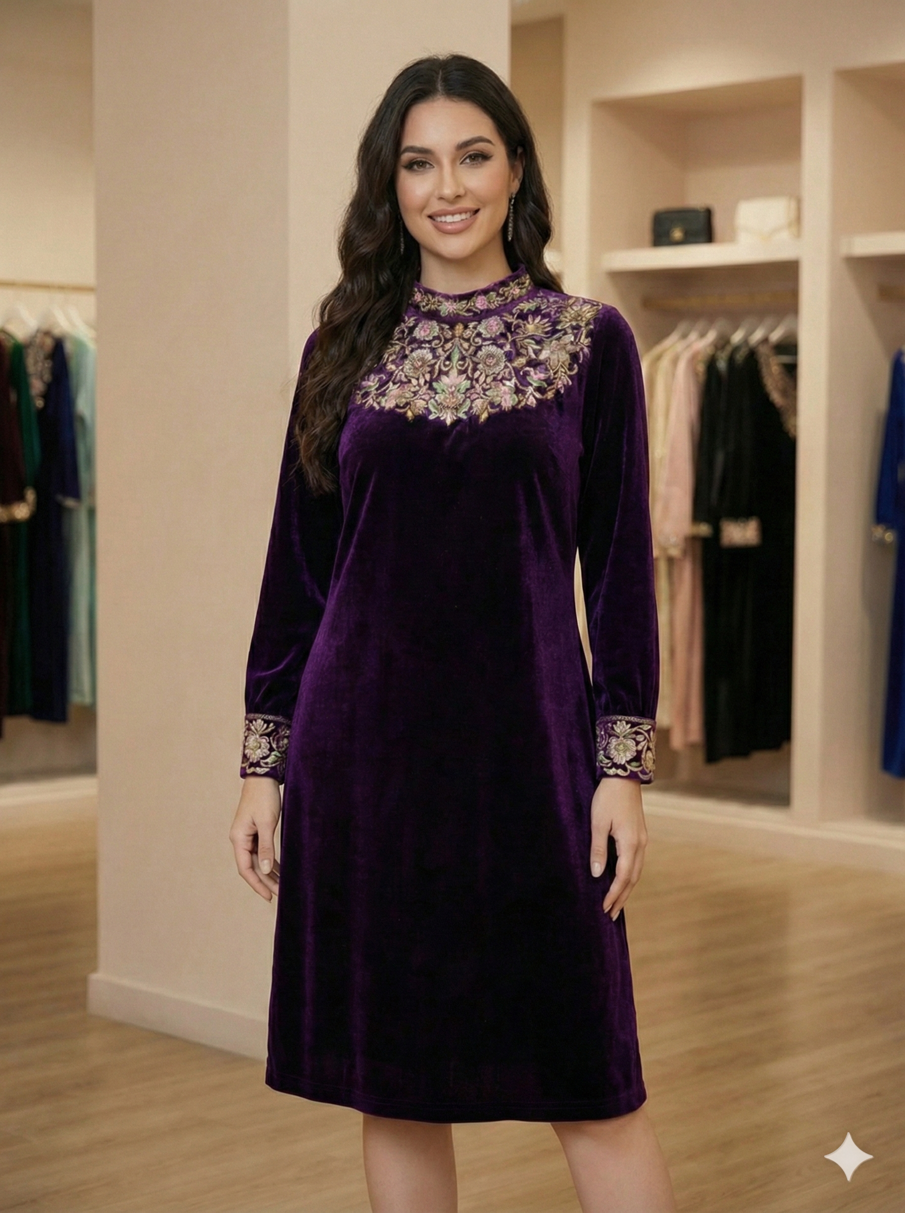 Velvet Embroidered Tunic Dress - Purple - SHILVIKA