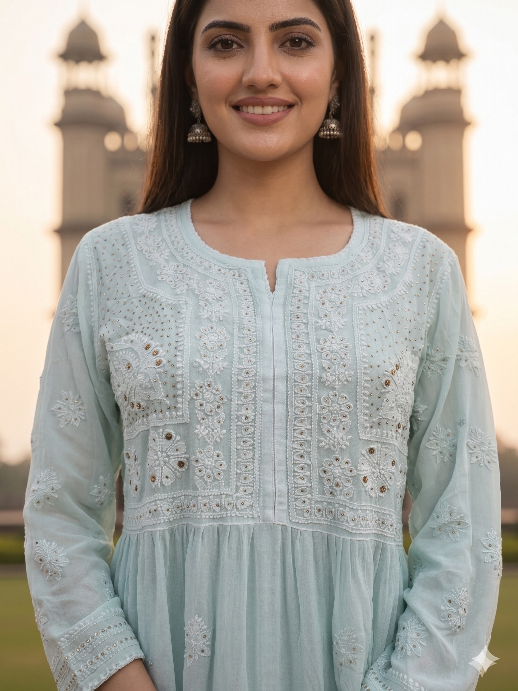 Georgette Sea Green Chikan Embroidery Kurta Gharara Set - SHILVIKA