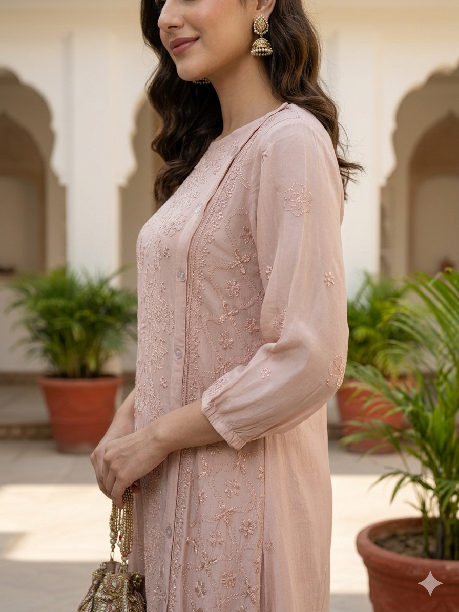 Elegant Chikankari Embroidered Georgette Side Button Dress - Onion Pink - SHILVIKA