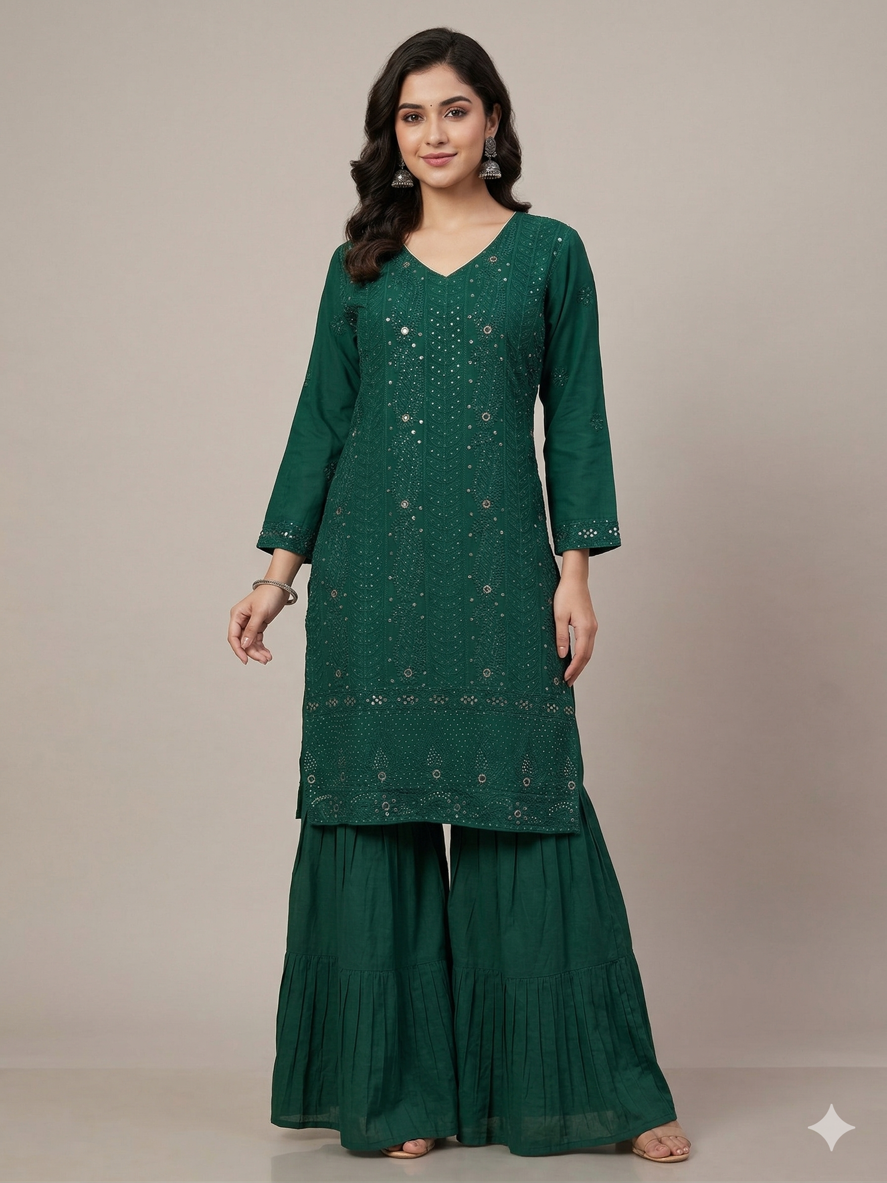 Pure Silk Georgette Kurta Gharara with Dupatta - Bottle Green - SHILVIKA