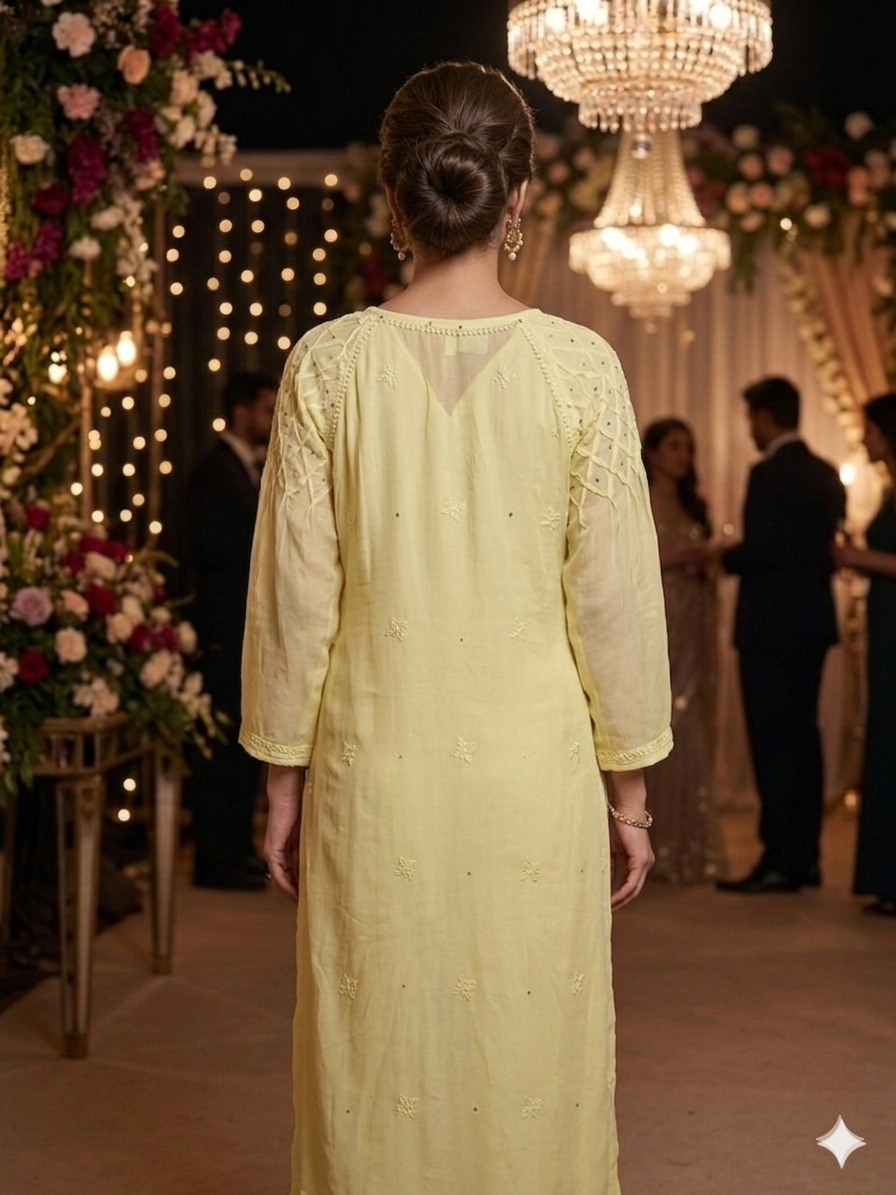 Handcrafted Chikankari Dress with Smocked Sleeves - Shaded Lemon - SHILVIKA