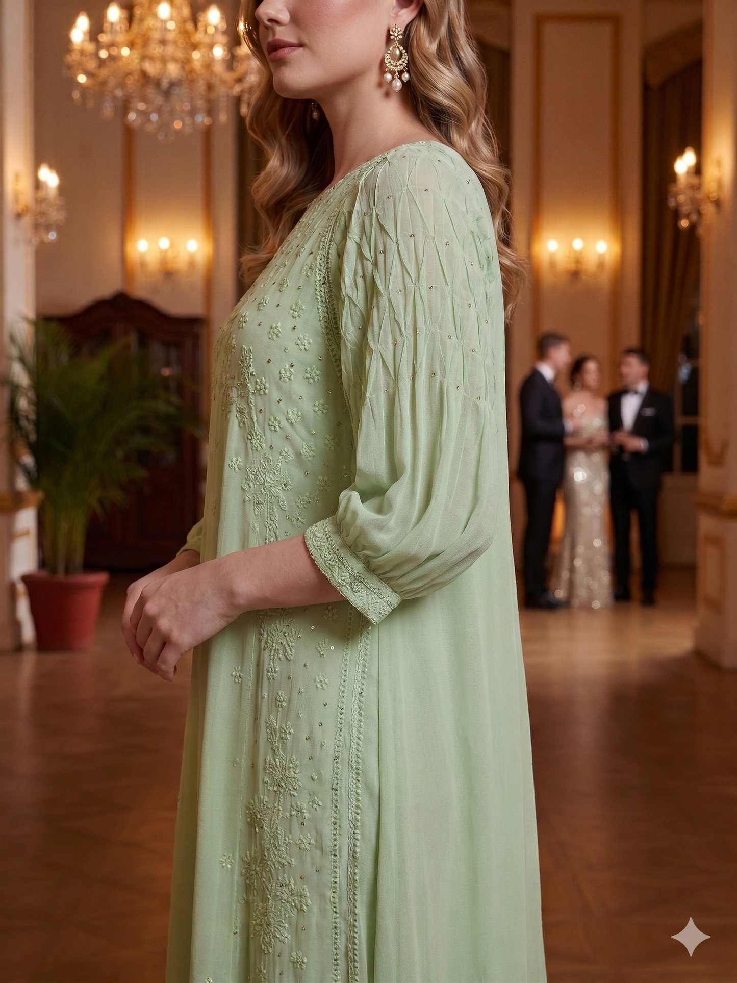 Handcrafted Chikankari Dress with Smocked Sleeves - Shaded Green - SHILVIKA