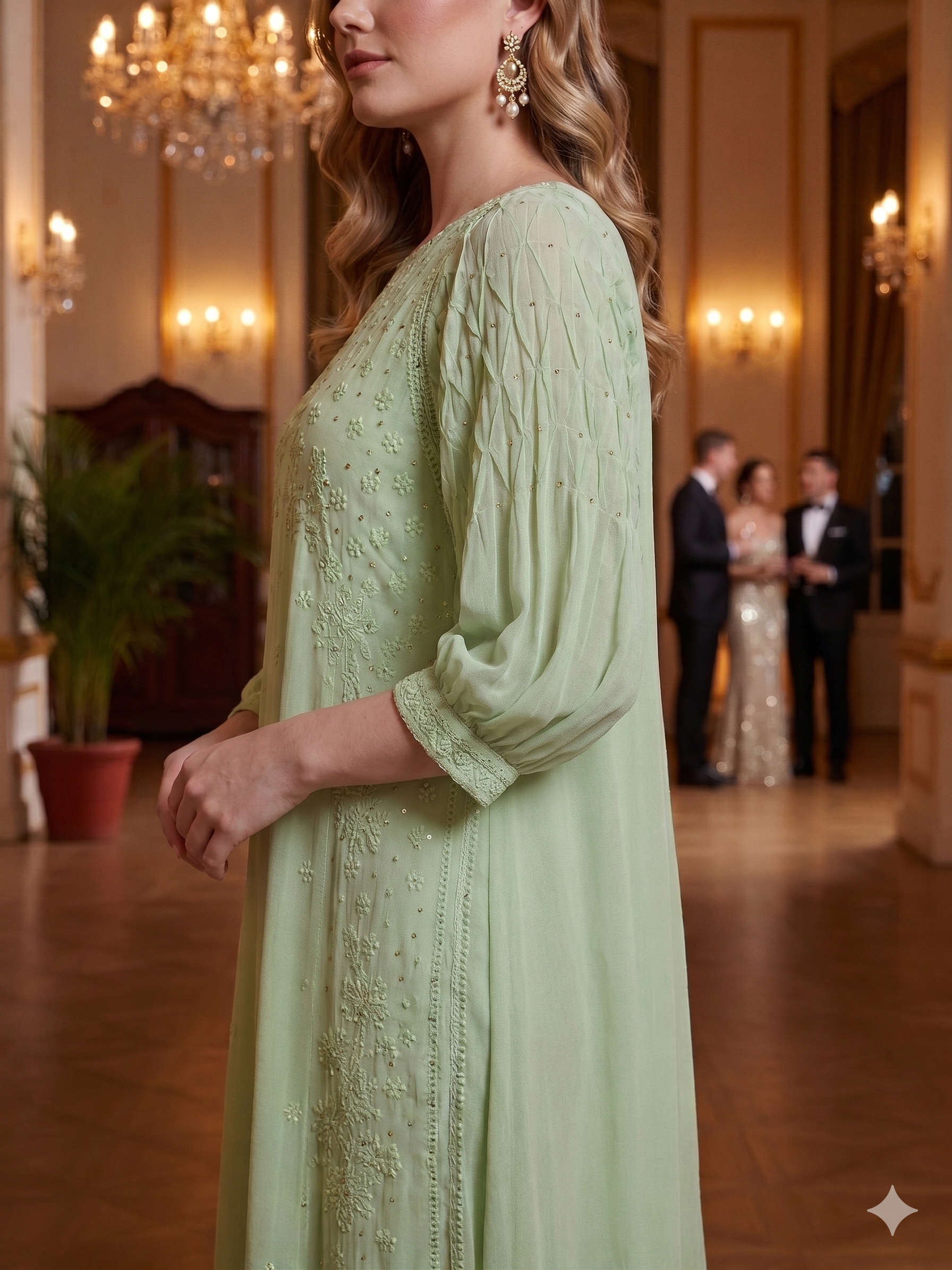 Handcrafted Chikankari Dress with Smocked Sleeves - Shaded Green - SHILVIKA