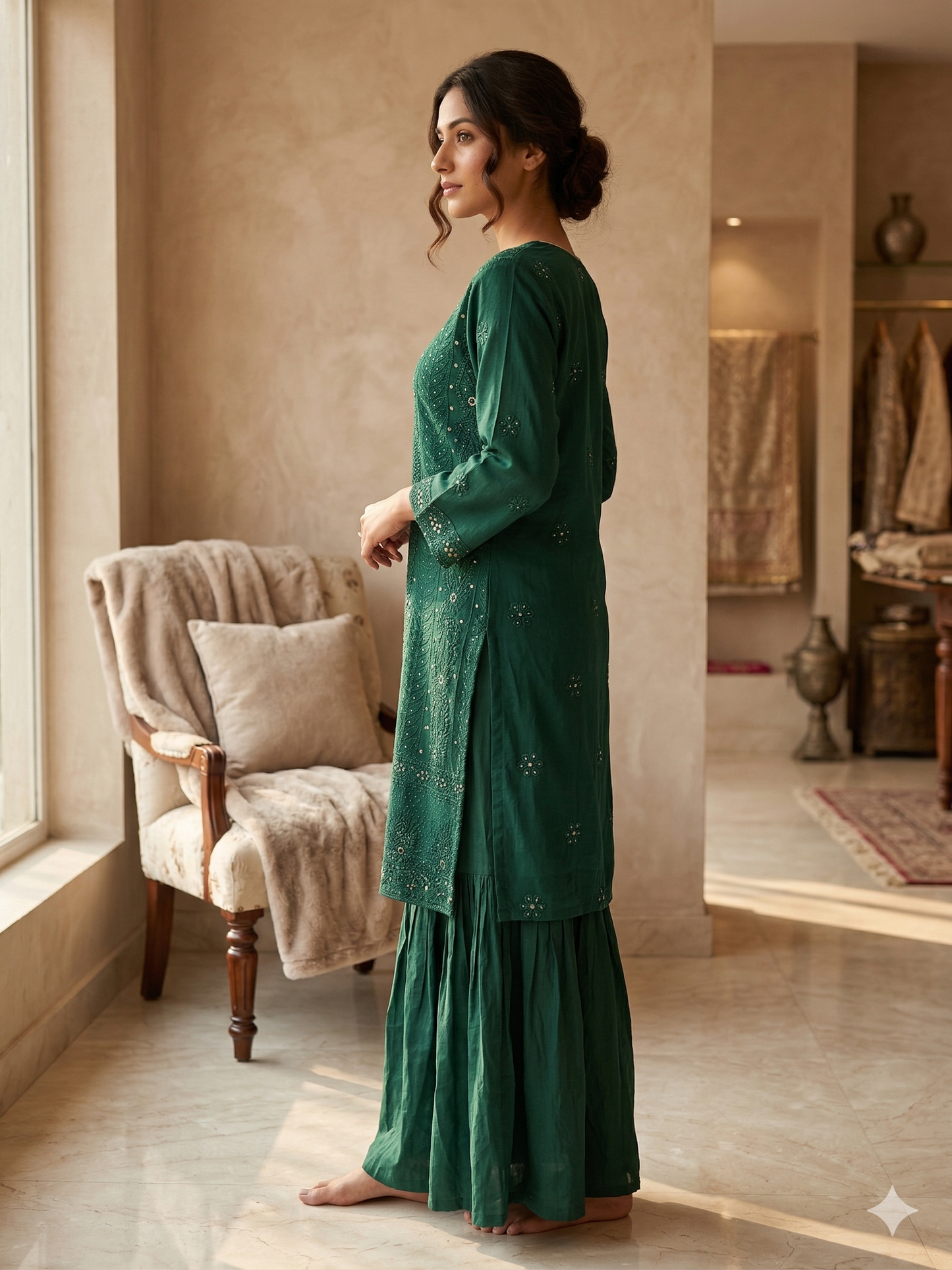 Pure Silk Georgette Kurta Gharara with Dupatta - Bottle Green - SHILVIKA