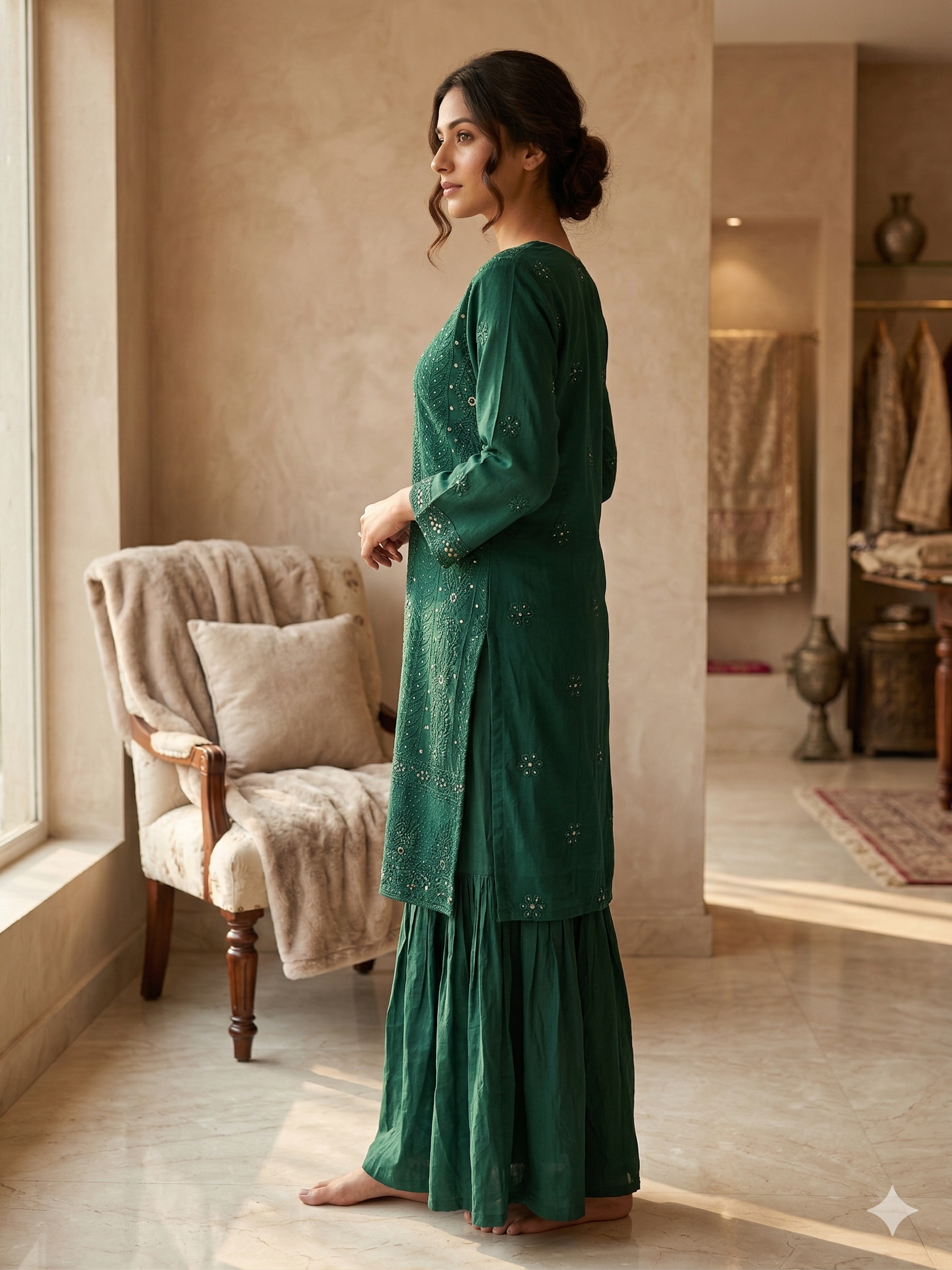 Pure Silk Georgette Kurta Gharara with Dupatta - Bottle Green - SHILVIKA