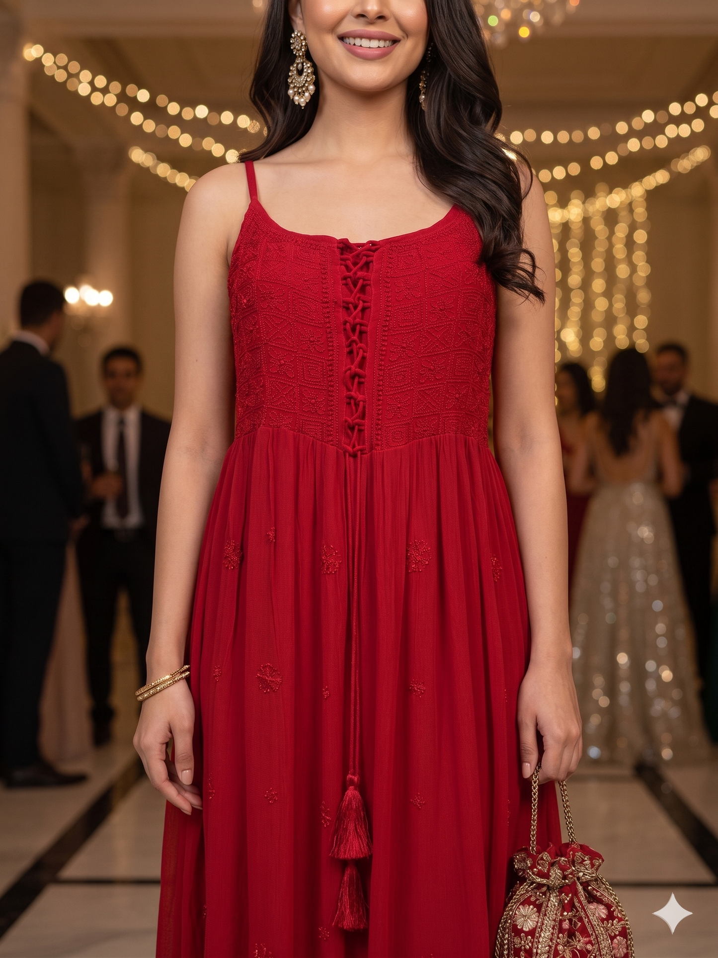Red Hand-Embroidered Chikankari Long Dress with Lace-Up Detail - SHILVIKA