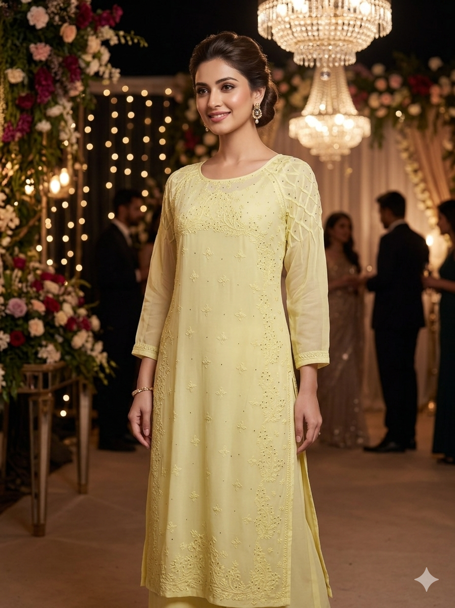 Handcrafted Chikankari Dress with Smocked Sleeves - Shaded Lemon - SHILVIKA