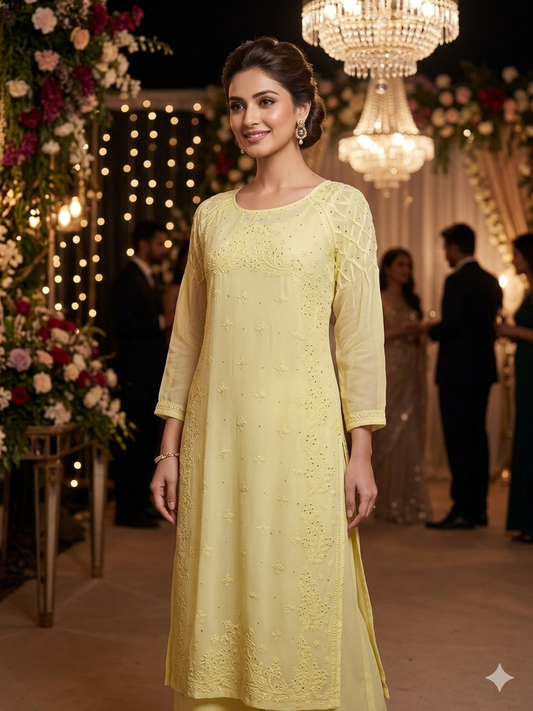 Handcrafted Chikankari Dress with Smocked Sleeves - Shaded Lemon - SHILVIKA