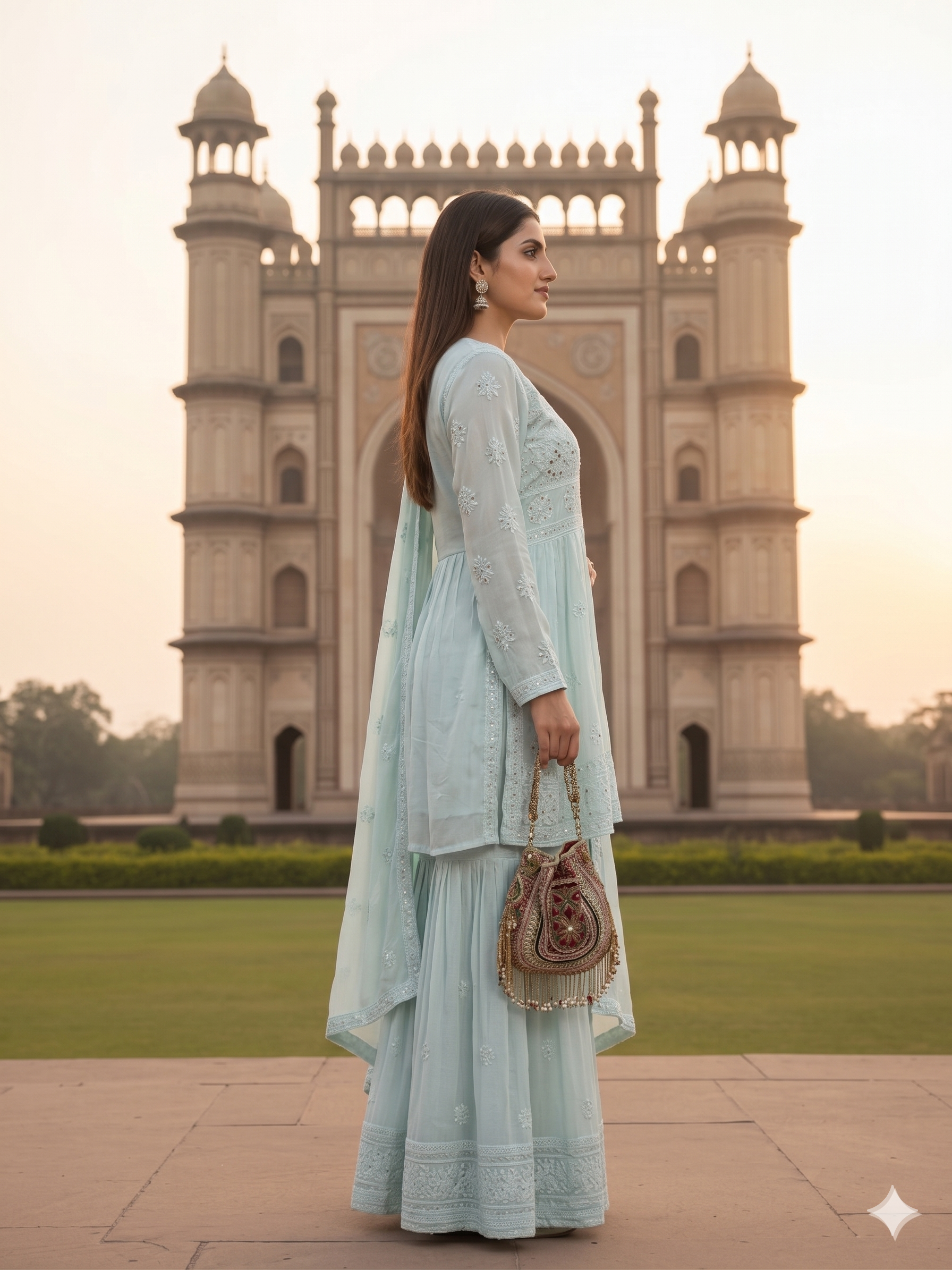 Georgette Sea Green Chikan Embroidery Kurta Gharara Set - SHILVIKA