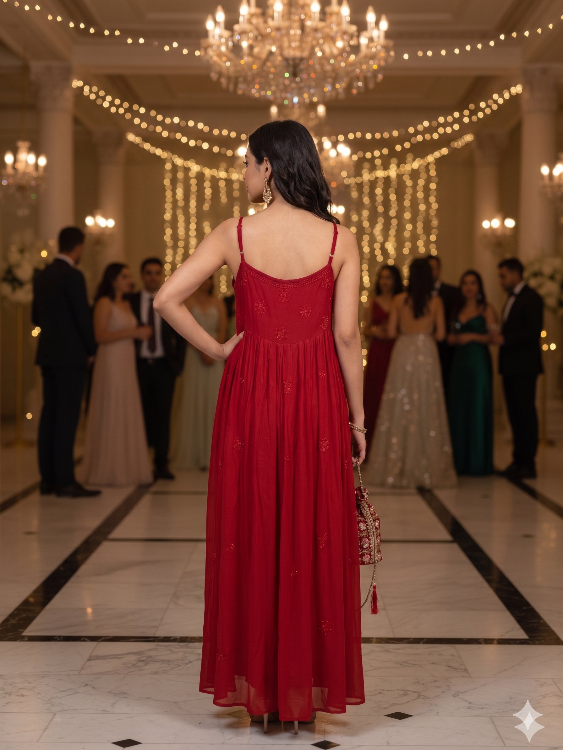 Red Hand-Embroidered Chikankari Long Dress with Lace-Up Detail - SHILVIKA
