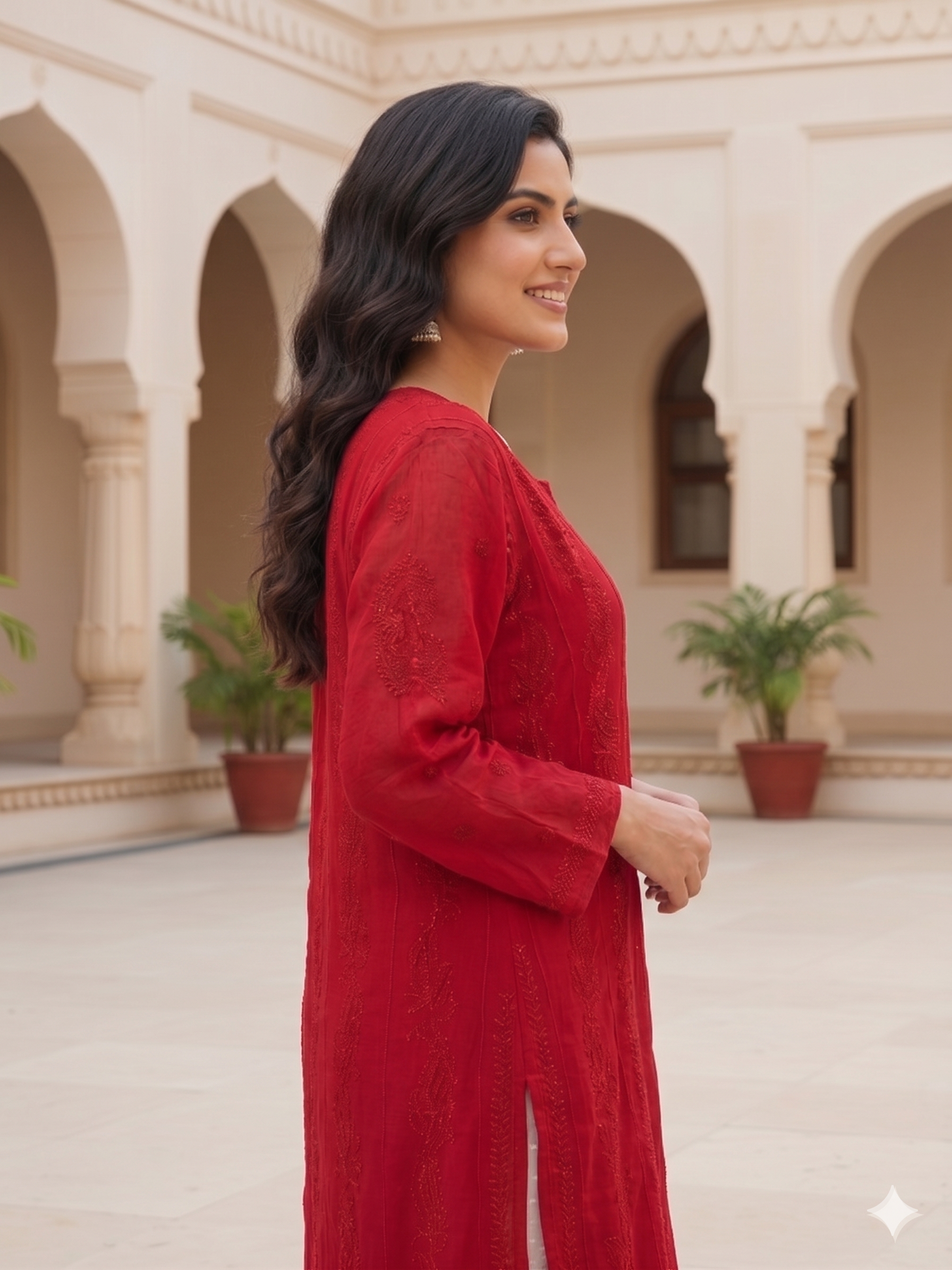Vibrant Chikankari Embroidered Short Anarkali Dress with Floral Motifs in Red - SHILVIKA