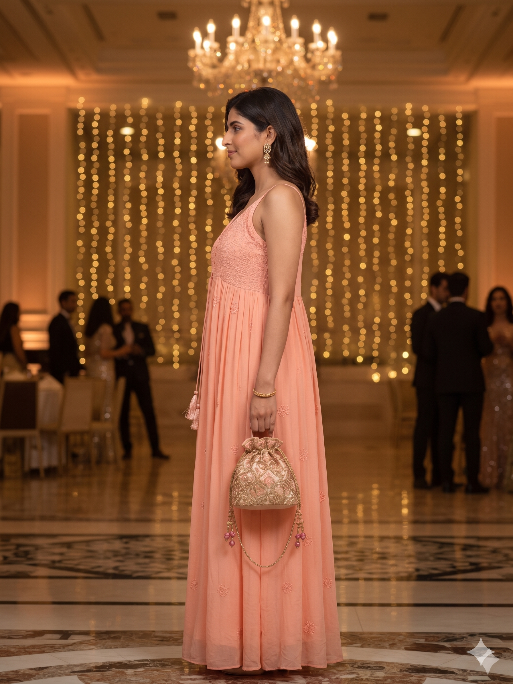Peach Hand-Embroidered Chikankari Long Dress with Lace-Up Detail - SHILVIKA