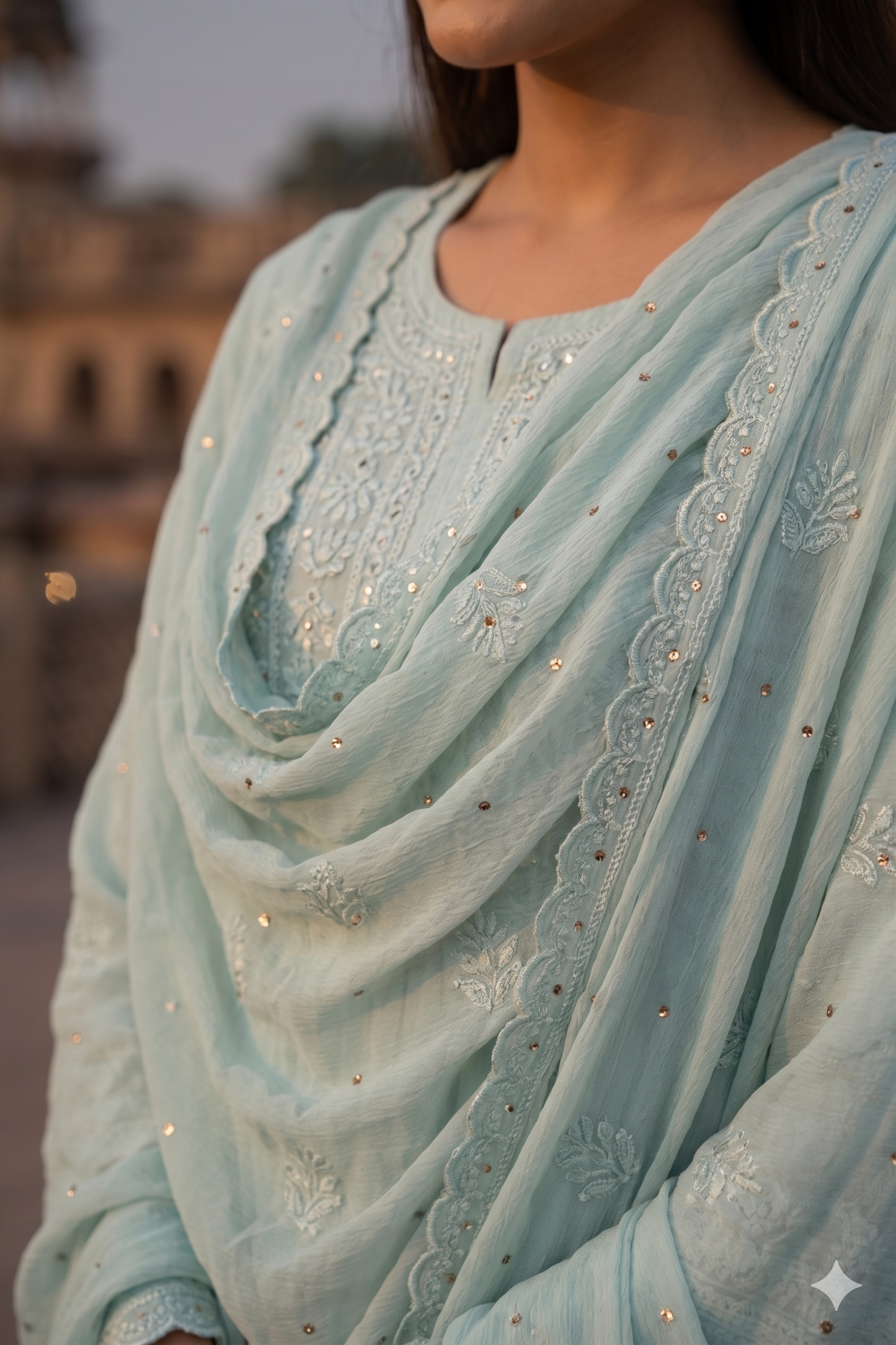Georgette Sea Green Chikan Embroidery Kurta Gharara Set - SHILVIKA
