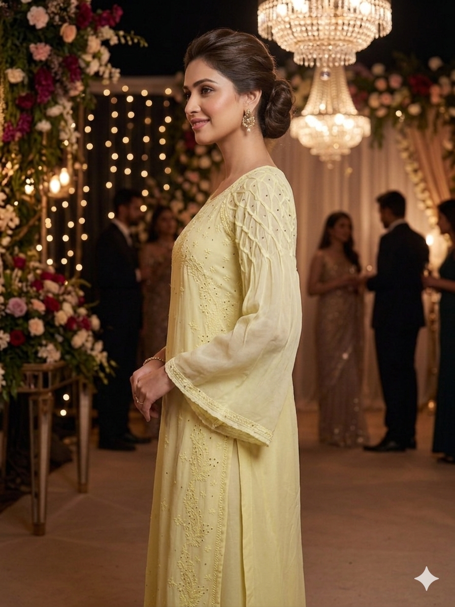 Handcrafted Chikankari Dress with Smocked Sleeves - Shaded Lemon - SHILVIKA