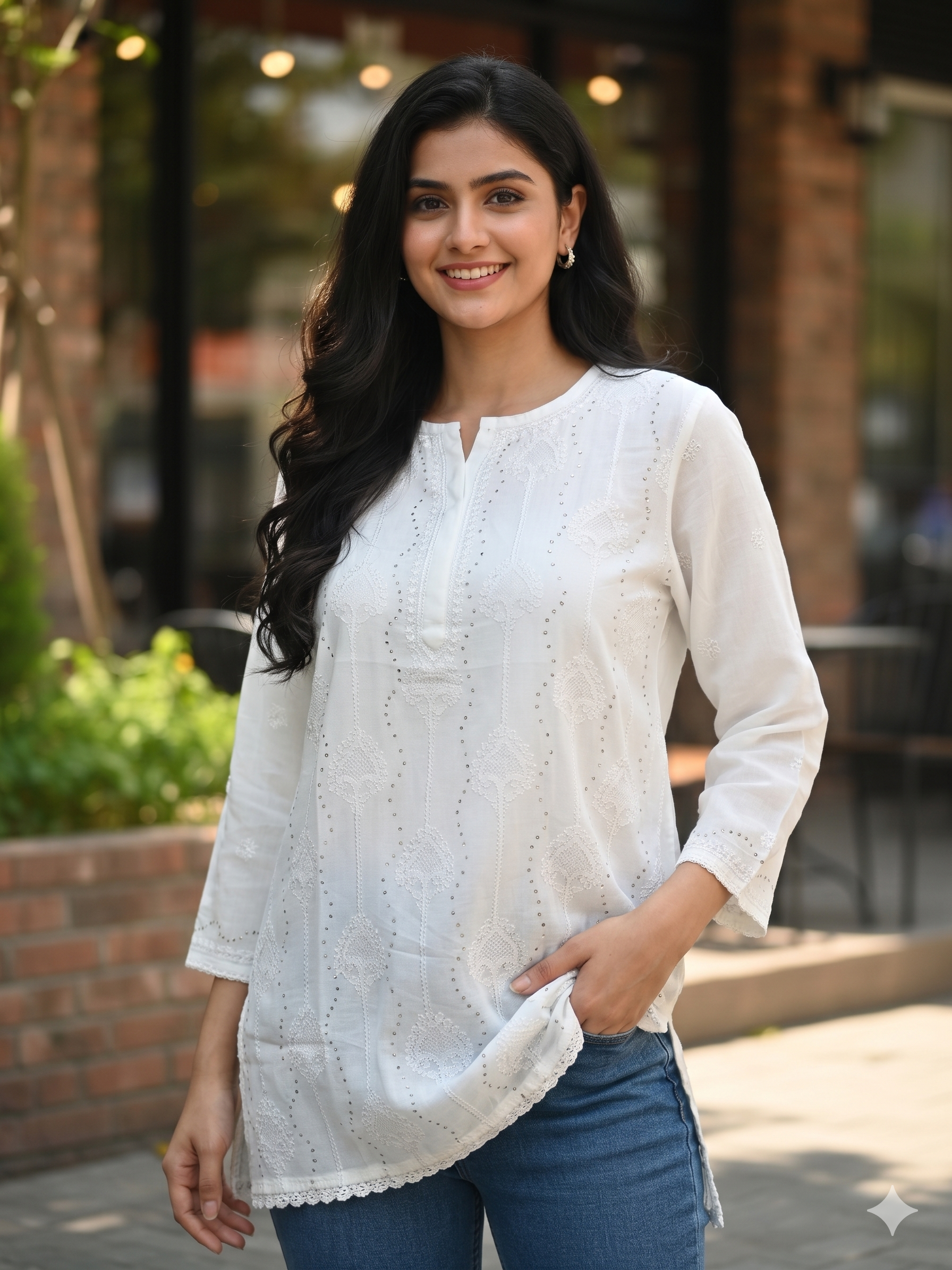 White Chikankari Tunic with Mukaish, Jali & Lace Details - SHILVIKA