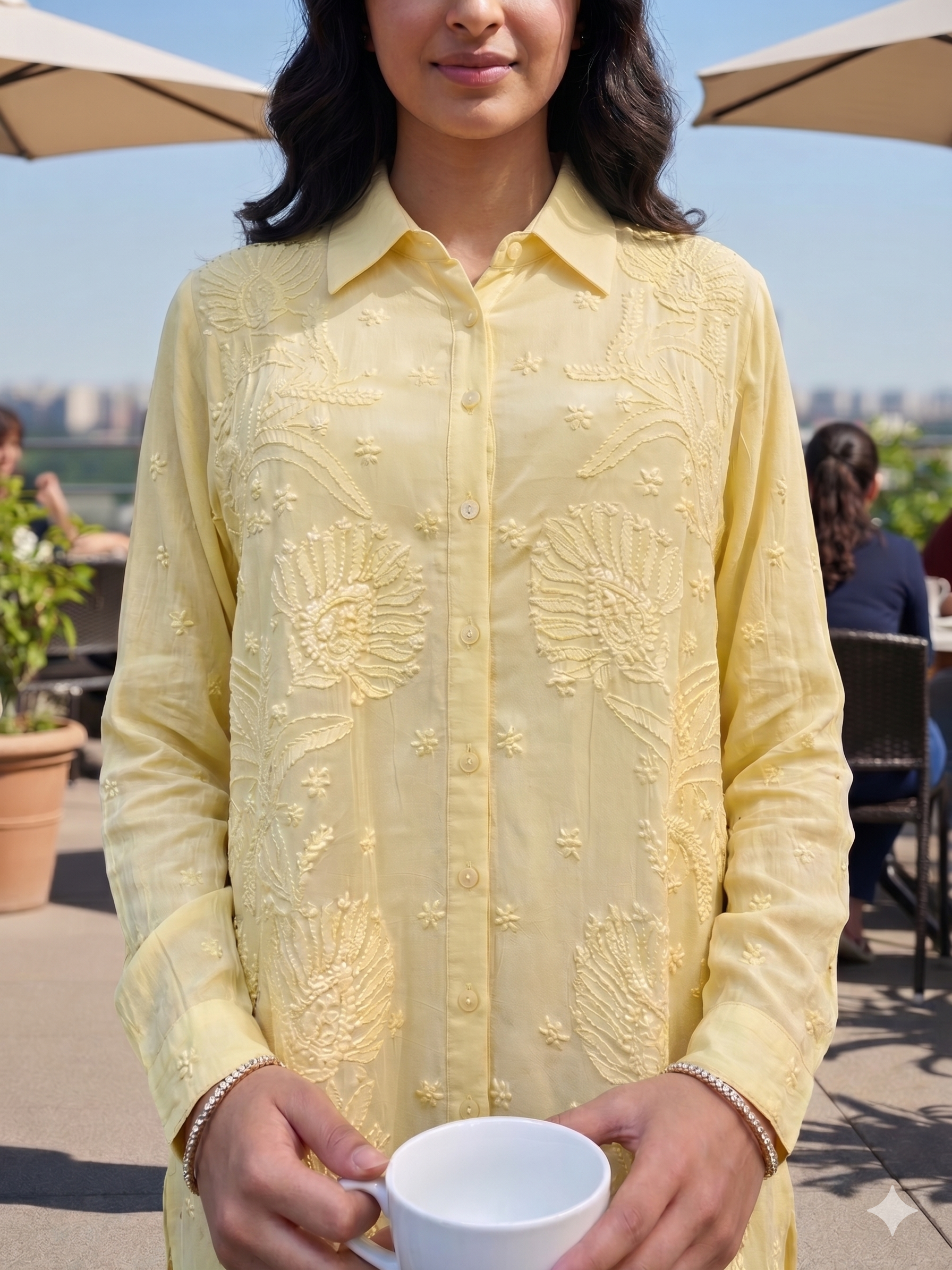 Chikan Hand Embroidered Viscose Georgette Yellow Shirt - SHILVIKA