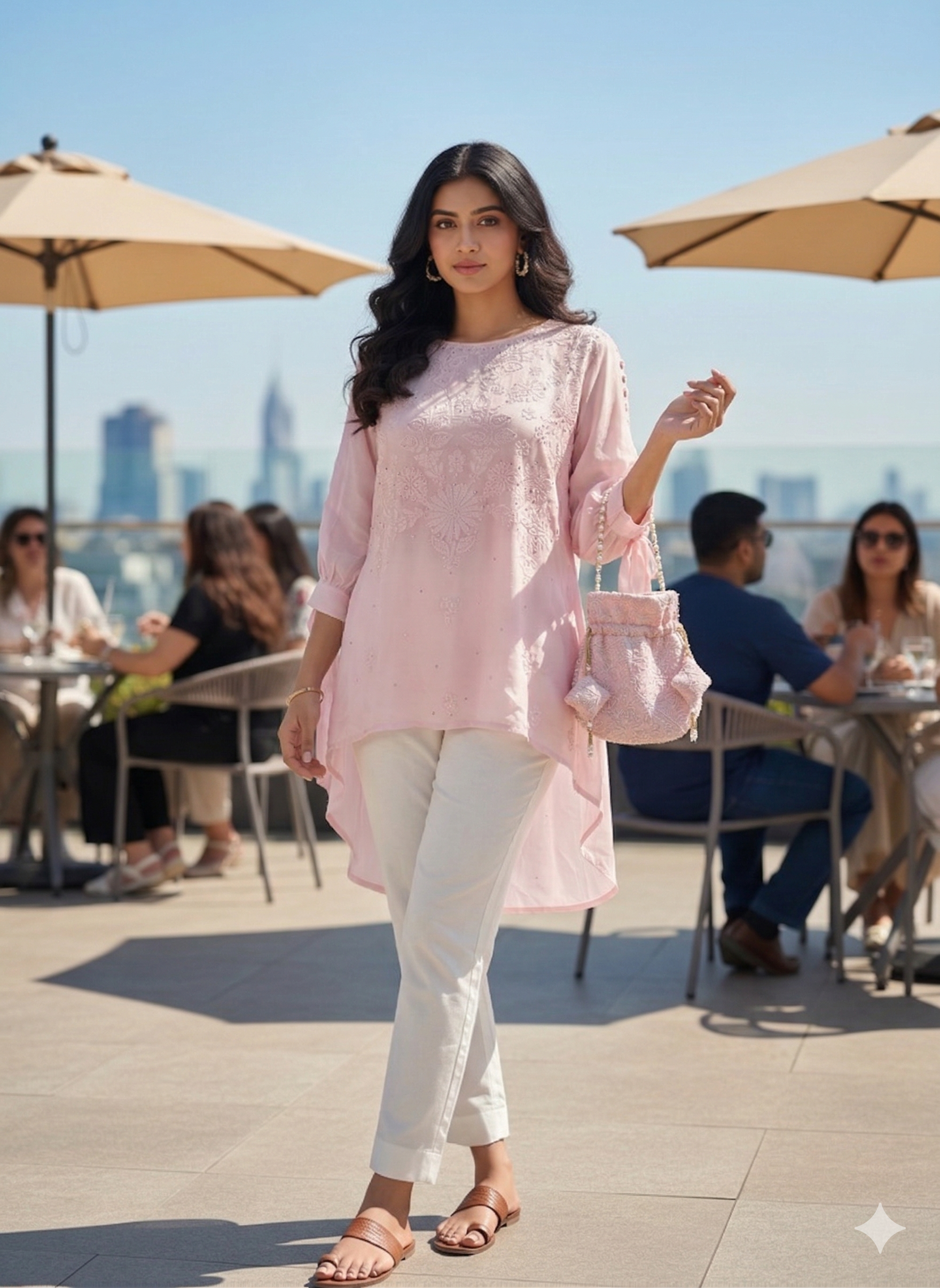 Hand Chikan Embroidery Pearl Sleeve Viscose Georgette Light Pink Top - SHILVIKA