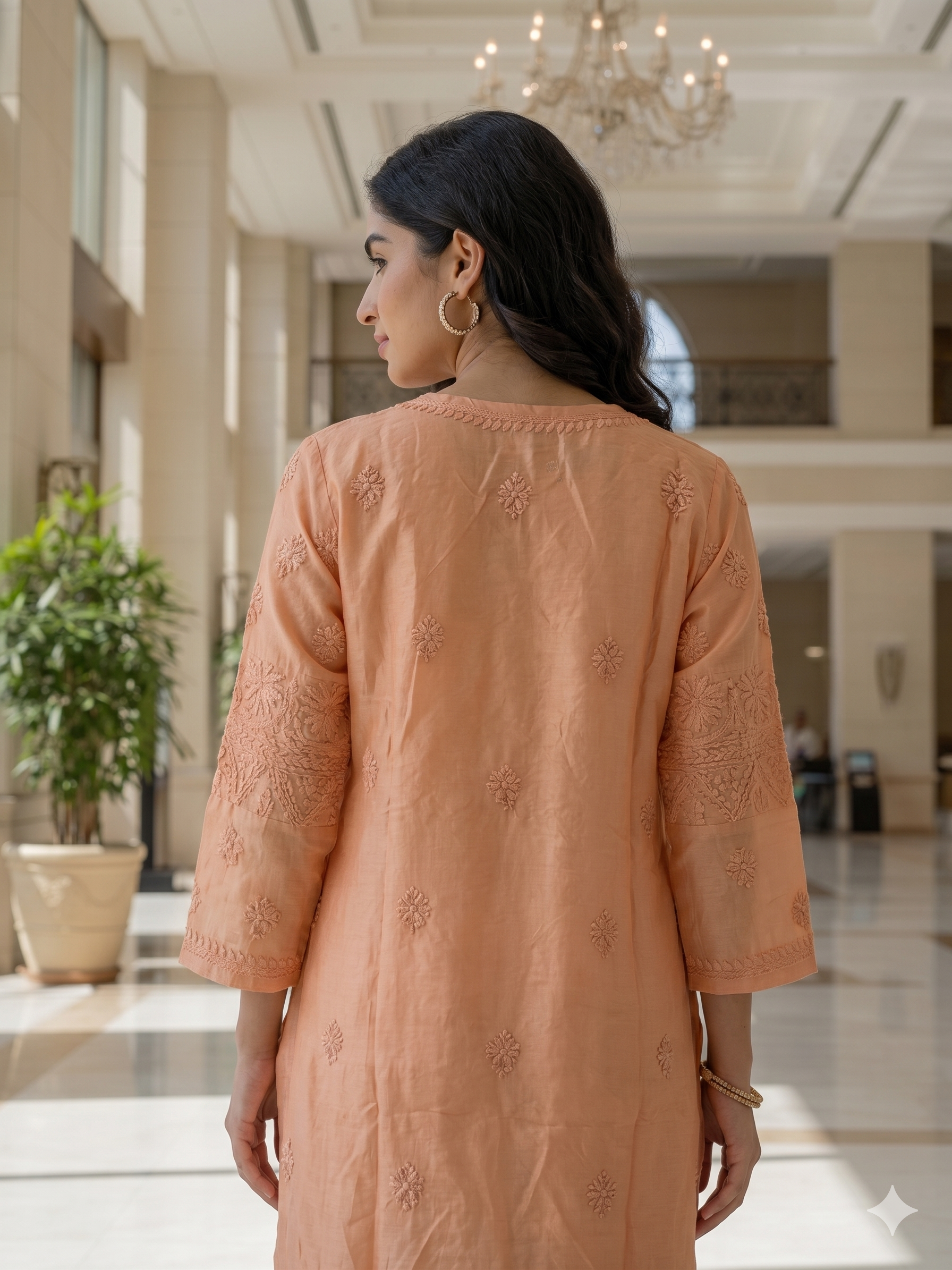 Chikan Hand Embroidery Chanderi Patch Top - Peach - SHILVIKA