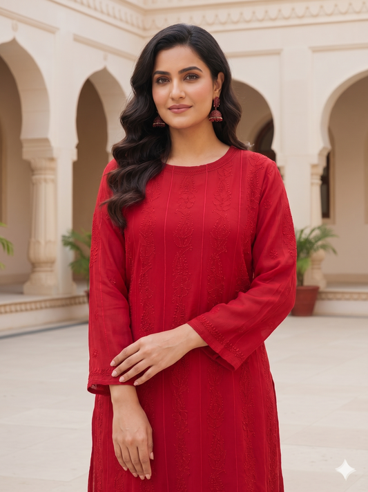 Vibrant Chikankari Embroidered Short Anarkali Dress with Floral Motifs in Red